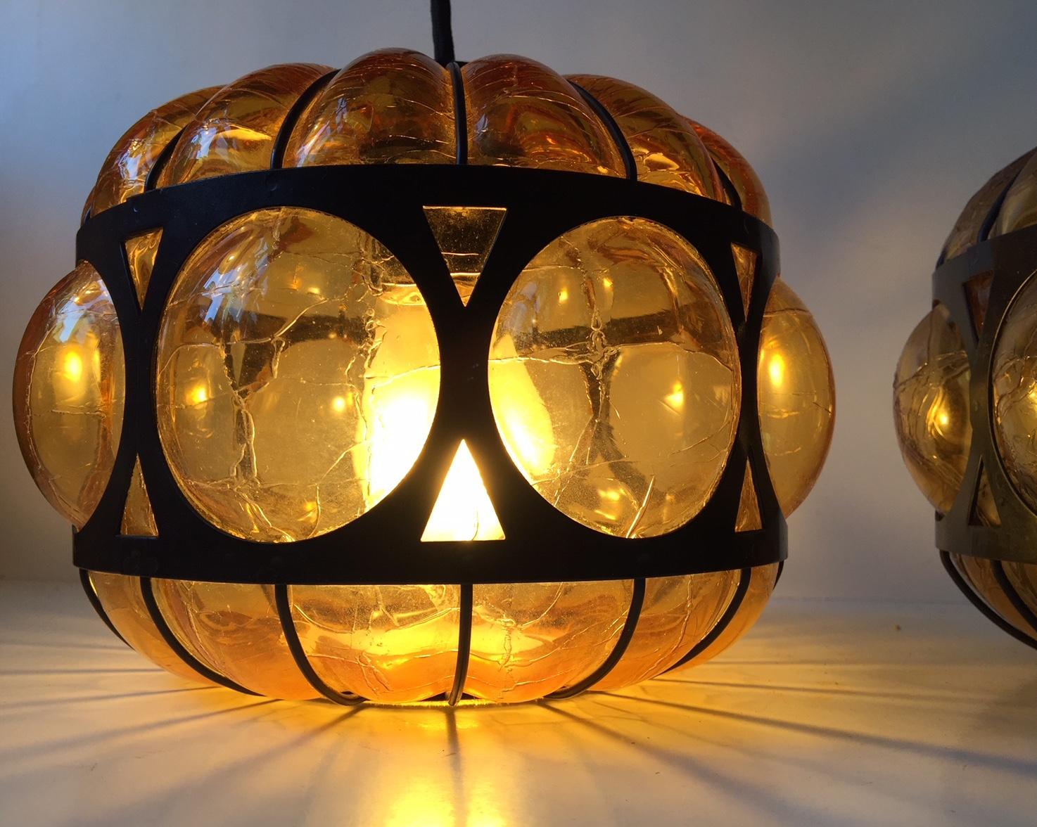 Vintage Scandinavian Caged Amber Glass Pendant Lamps, 1960s 1