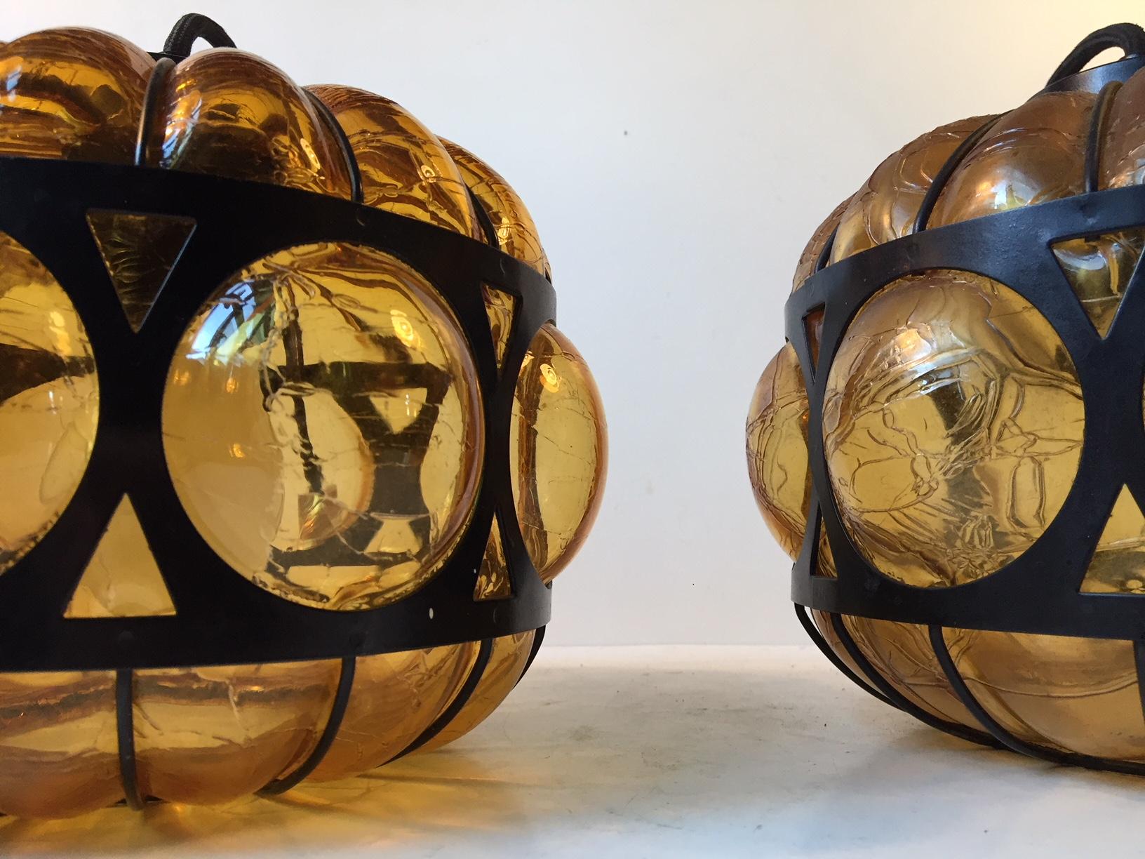 Vintage Scandinavian Caged Amber Glass Pendant Lamps, 1960s 2