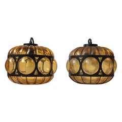 Vintage Scandinavian Caged Amber Glass Pendant Lamps, 1960s