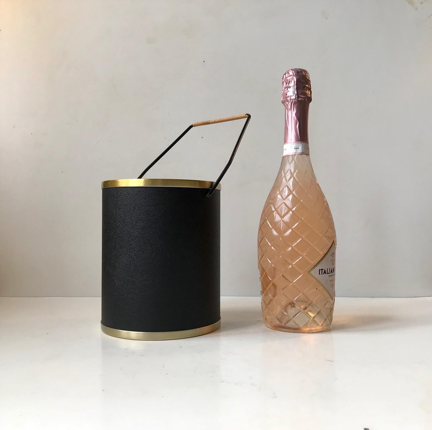 Mid-Century Modern Vintage Scandinavian Champagne Bucket in Faux Leather, Rattan & Brass, 1960s