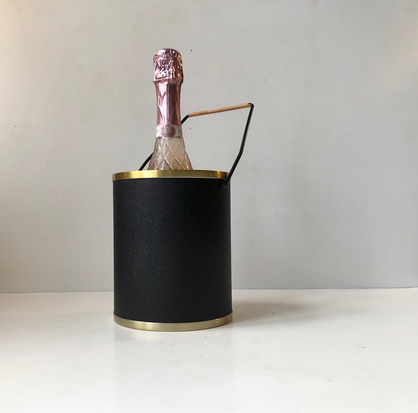 Danish Vintage Scandinavian Champagne Bucket in Faux Leather, Rattan & Brass, 1960s