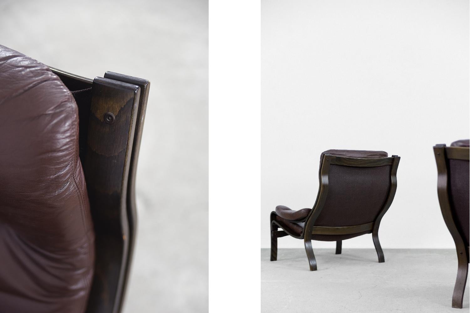 Pair of Vintage Scandinavian Modern Dark Chocolate Leather Armchairs, 1970s 1