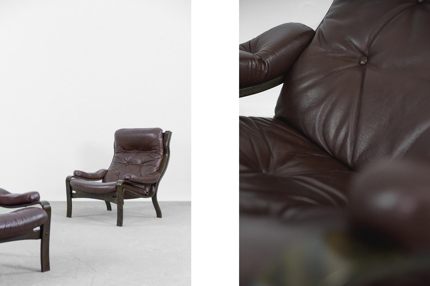 Pair of Vintage Scandinavian Modern Dark Chocolate Leather Armchairs, 1970s 2