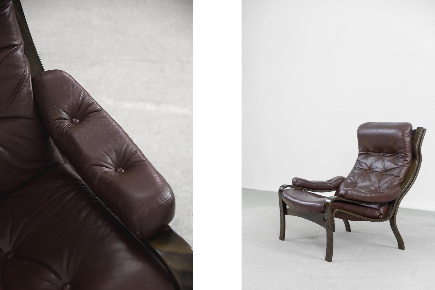 Pair of Vintage Scandinavian Modern Dark Chocolate Leather Armchairs, 1970s 3