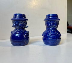 Vintage Scandinavian Figural Man & Wife Ceramic Candlesticks in Blue glaze