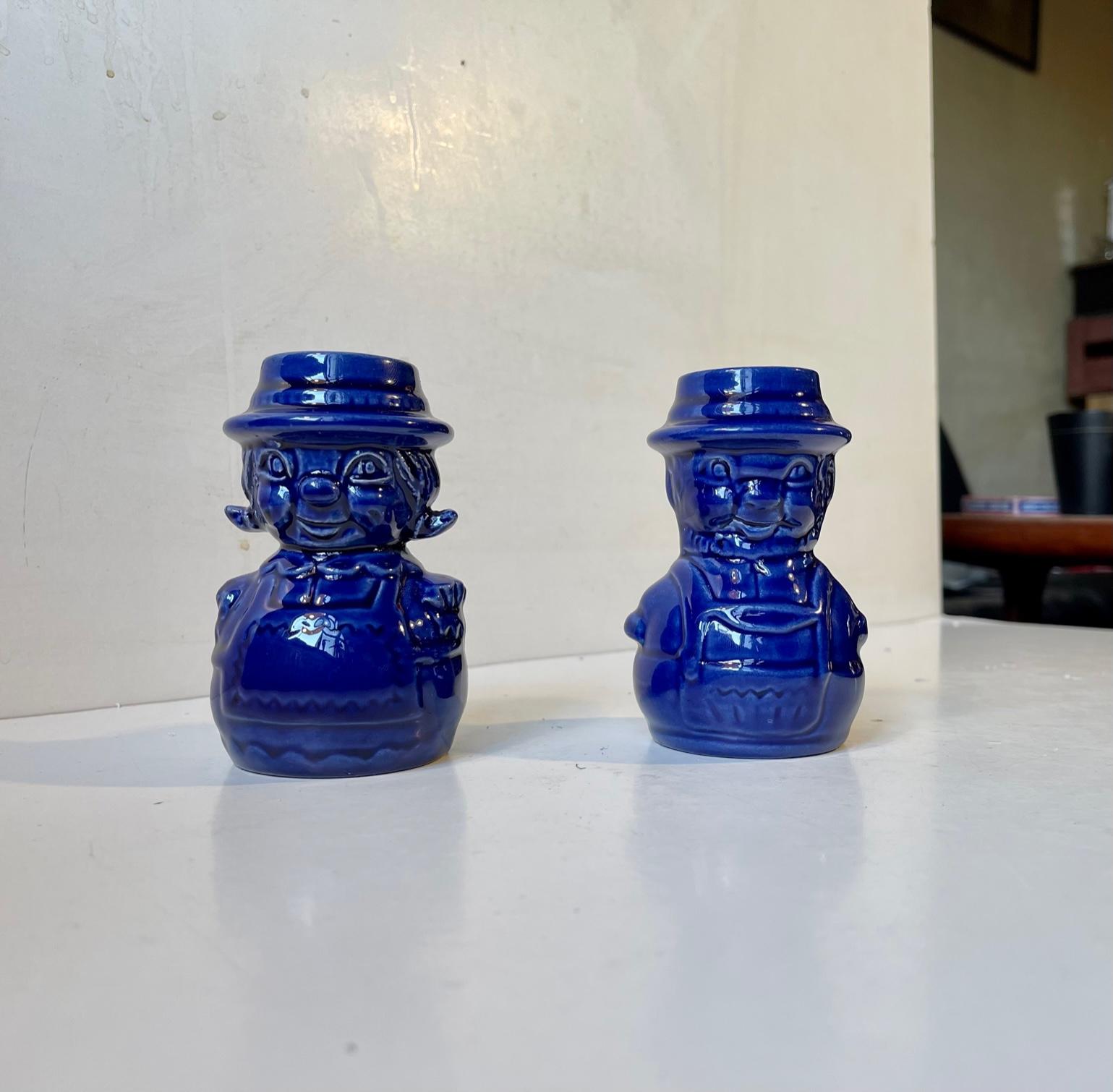 Glazed Vintage Scandinavian Figural Man & Wife Ceramic Candlesticks in Blue glaze For Sale