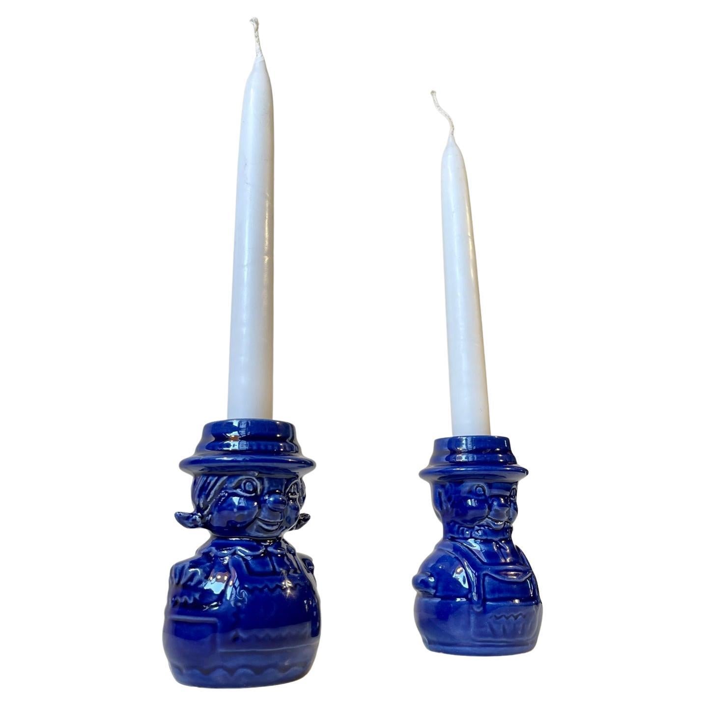Vintage Scandinavian Figural Man & Wife Ceramic Candlesticks in Blue glaze For Sale