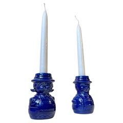 Retro Scandinavian Figural Man & Wife Ceramic Candlesticks in Blue glaze
