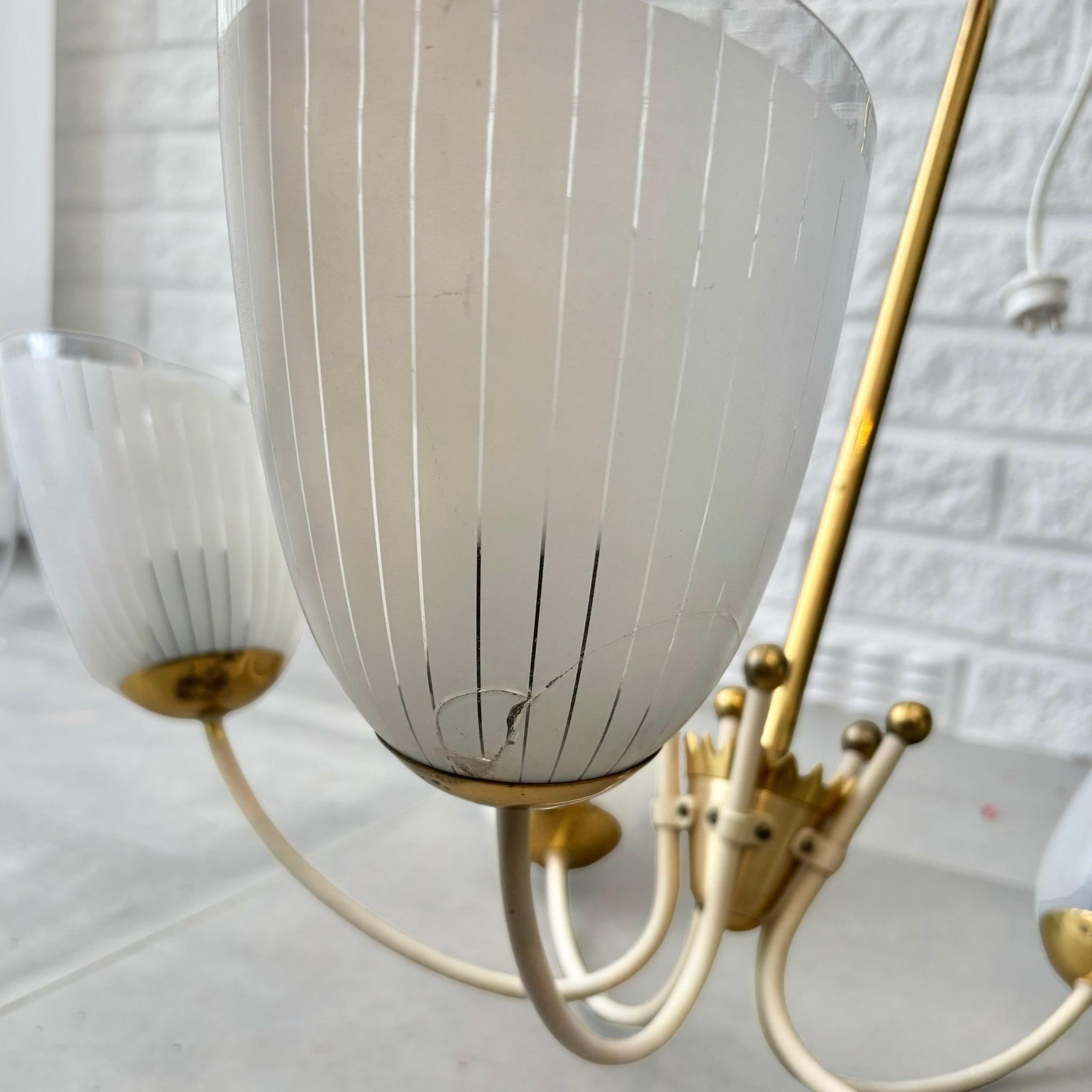 Vintage Scandinavian five arm chandelier, brass and glass, Sweden, 1930s For Sale 5