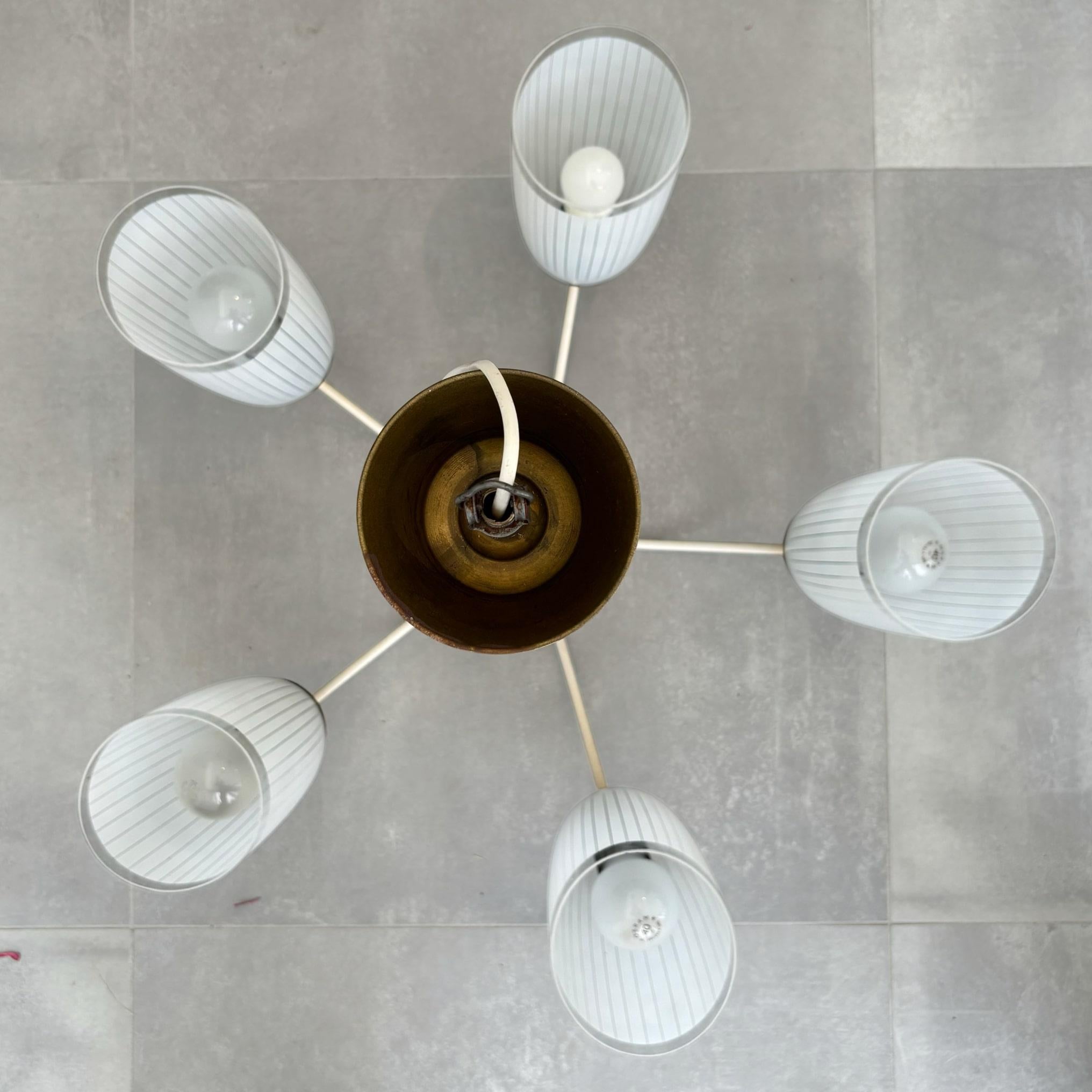 Vintage Scandinavian five arm chandelier, brass and glass, Sweden, 1930s For Sale 7