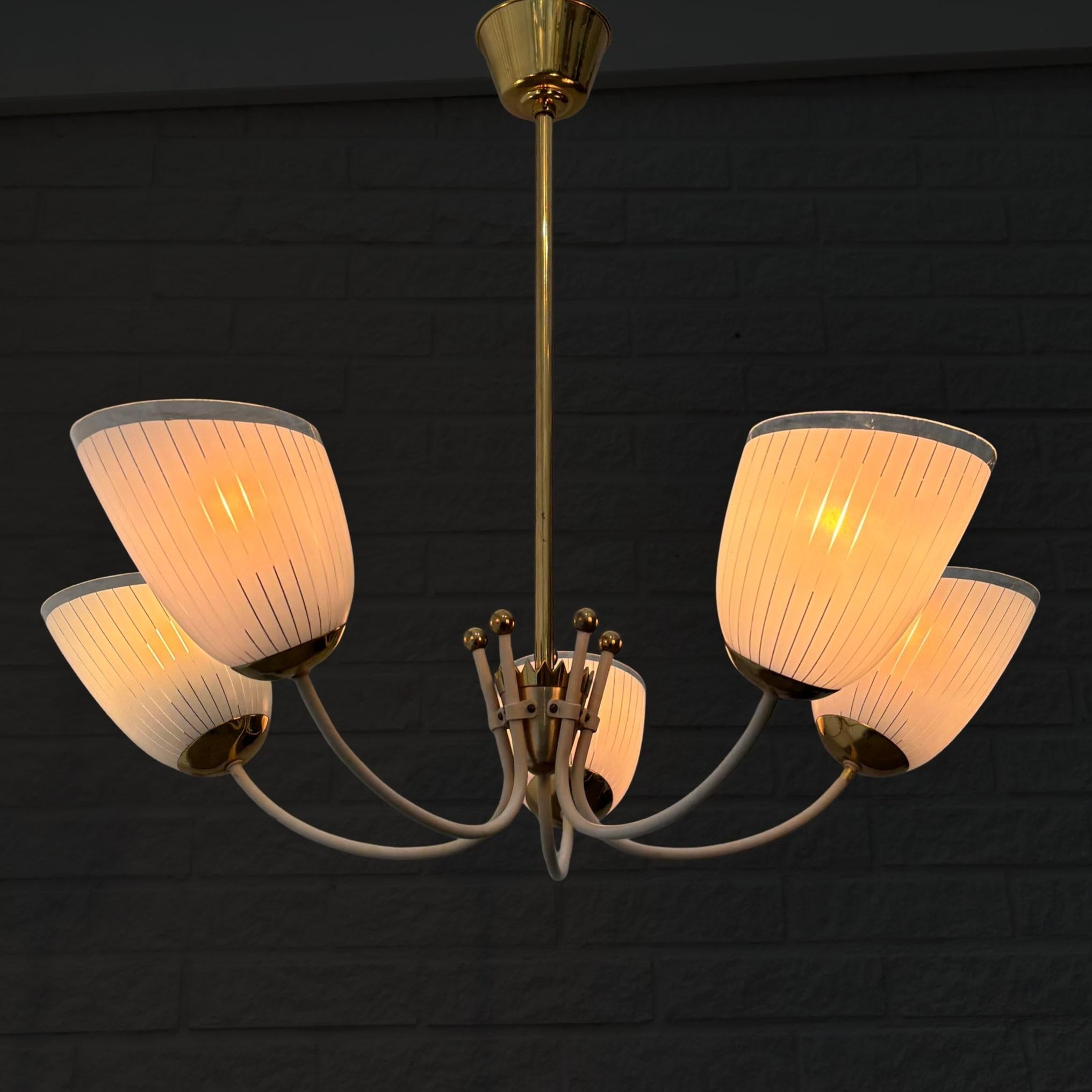 Scandinavian Modern Vintage Scandinavian five arm chandelier, brass and glass, Sweden, 1930s For Sale