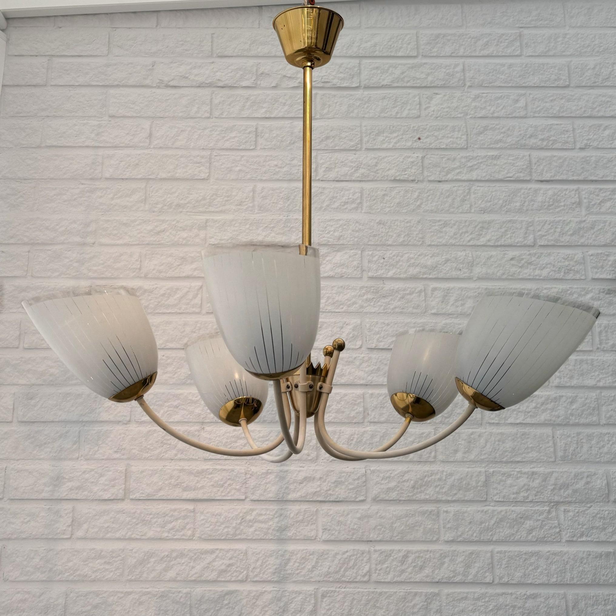 Swedish Vintage Scandinavian five arm chandelier, brass and glass, Sweden, 1930s For Sale