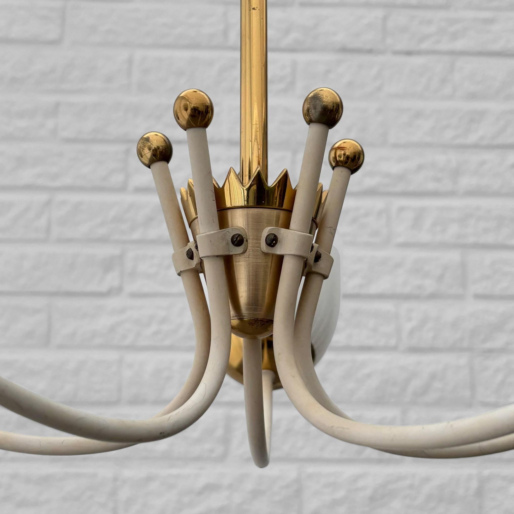 Brass Vintage Scandinavian five arm chandelier, brass and glass, Sweden, 1930s For Sale