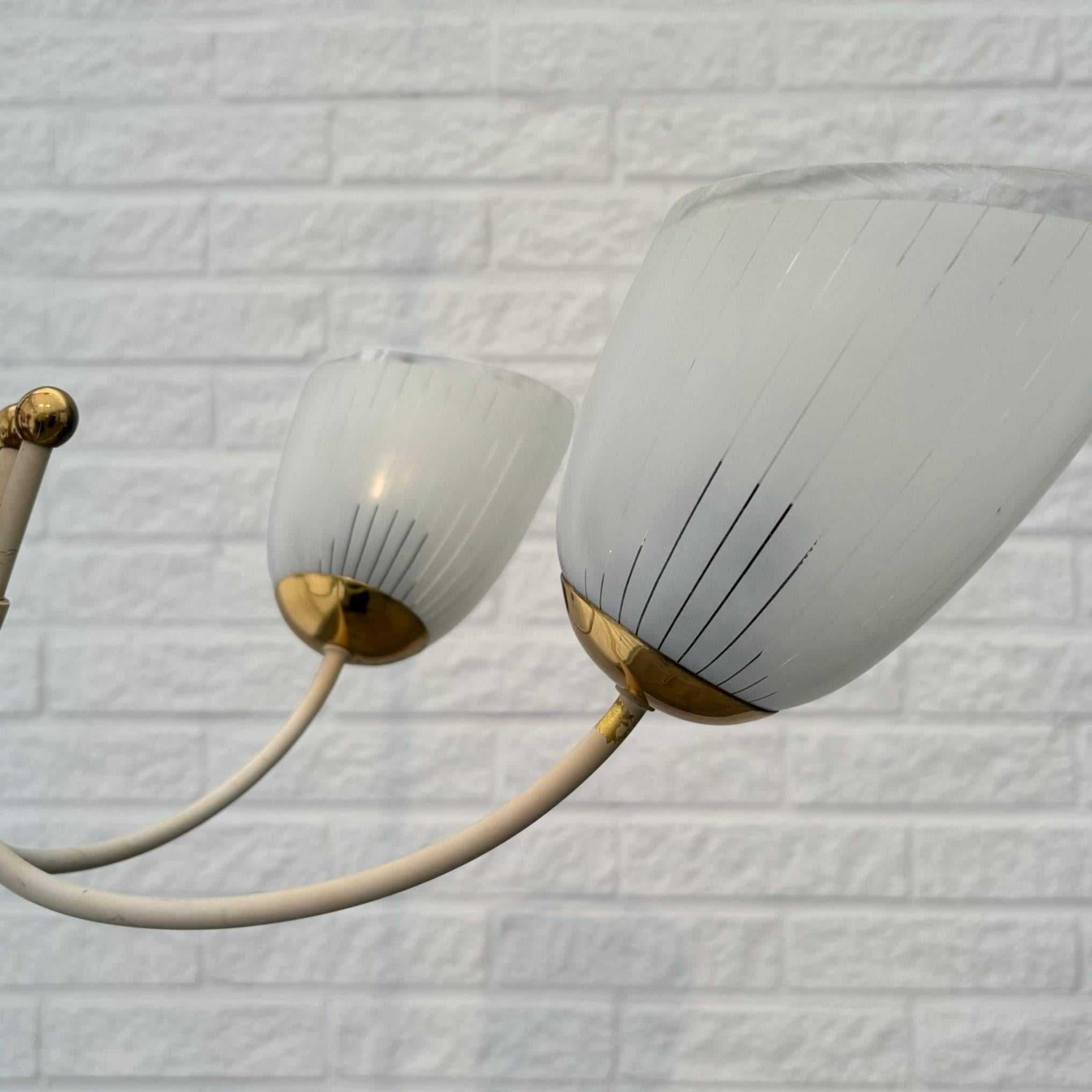 Vintage Scandinavian five arm chandelier, brass and glass, Sweden, 1930s For Sale 1