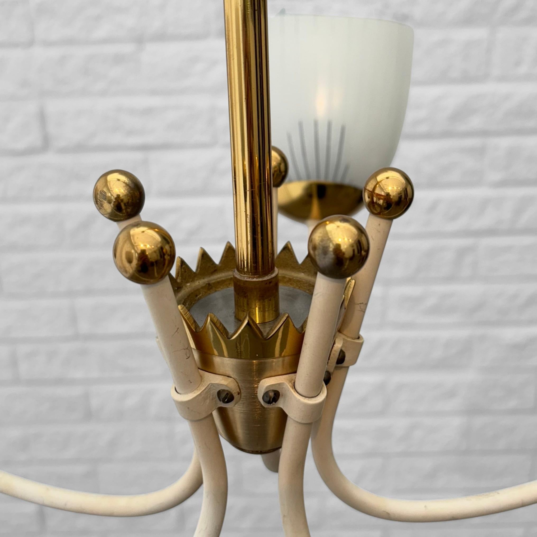 Vintage Scandinavian five arm chandelier, brass and glass, Sweden, 1930s For Sale 2