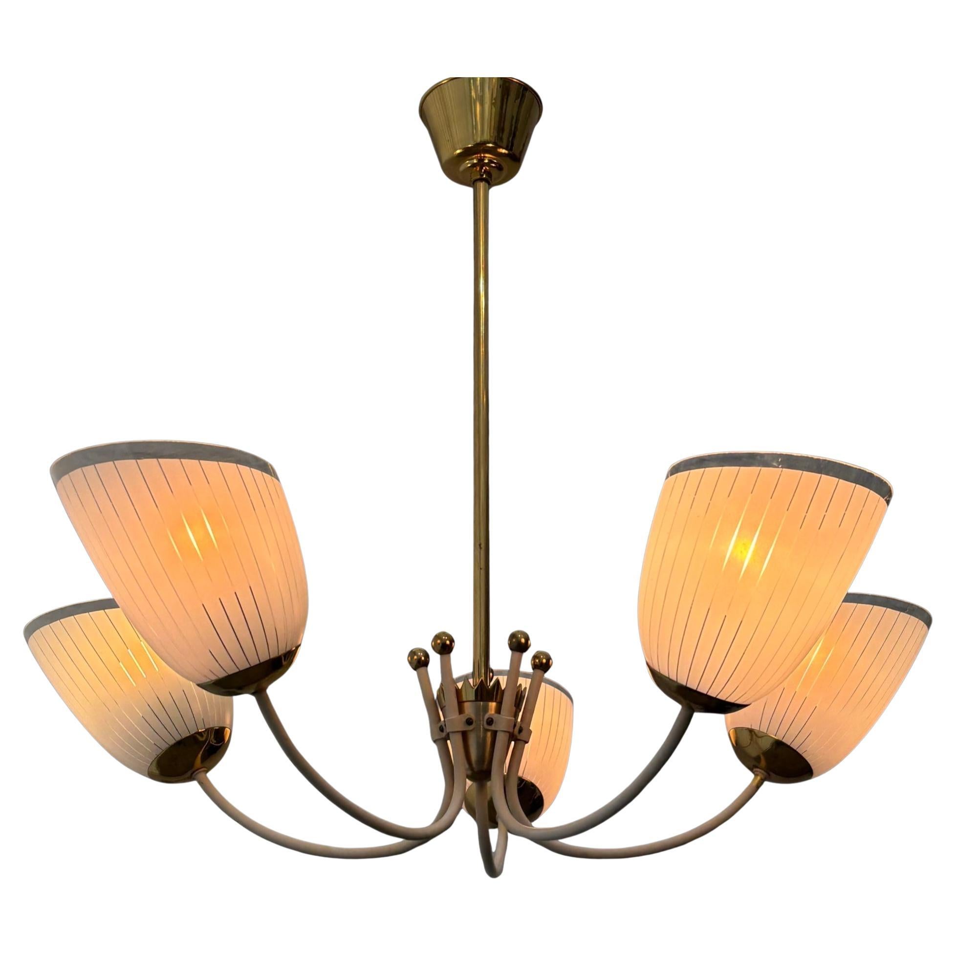Lustre scandinave vintage à cinq bras, laiton et verre, Suède, années 1930