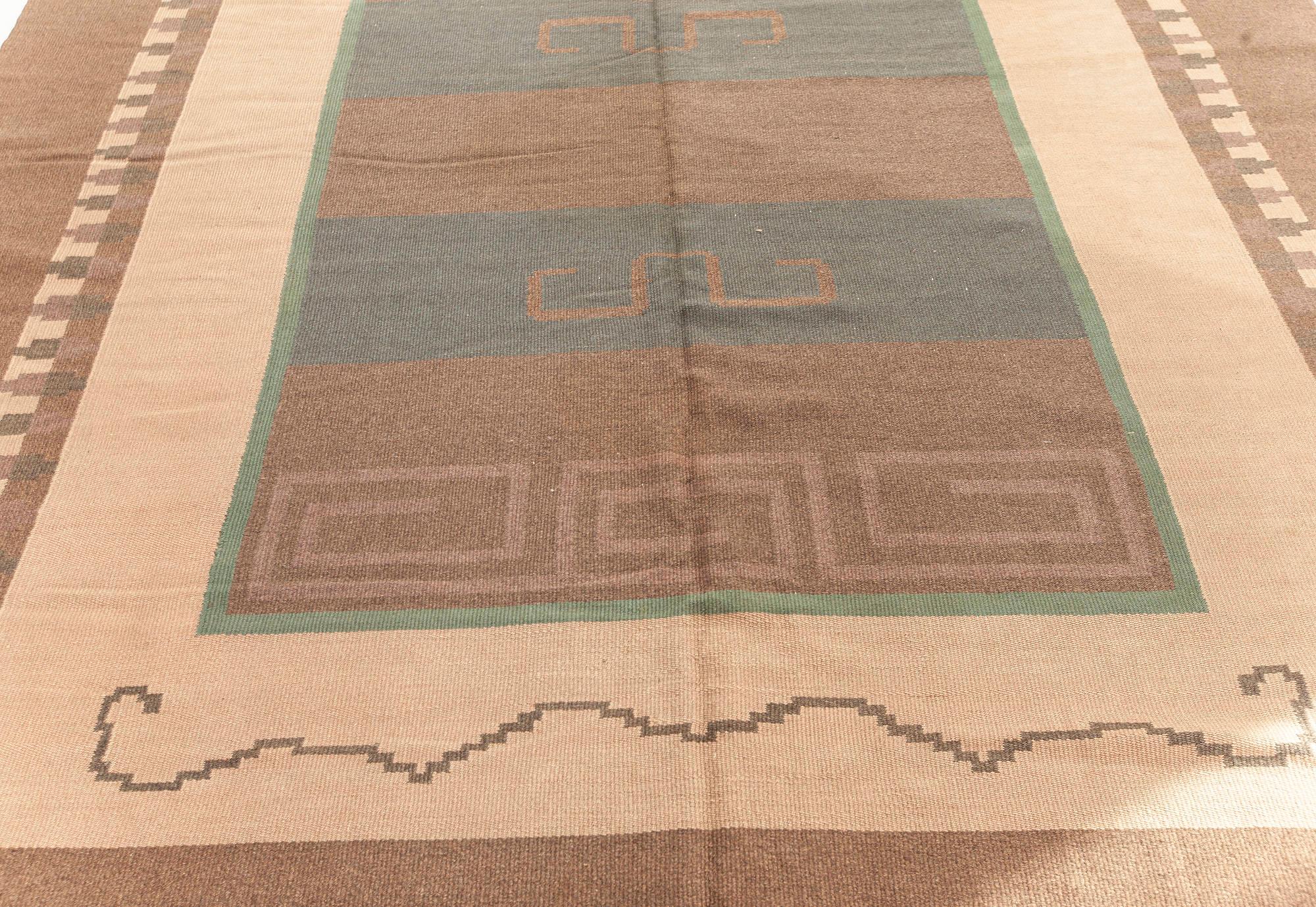 Swedish Vintage Scandinavian Flat-Weave Wool Rug Woven Initials & Date to Edge 'Io 1928' For Sale