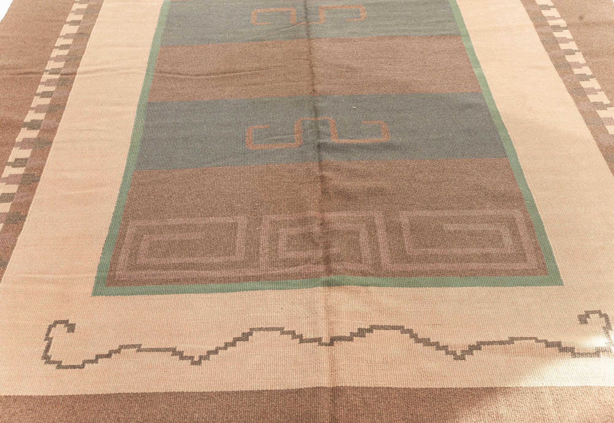 Hand-Woven Vintage Scandinavian Flat-Weave Wool Rug Woven Initials & Date to Edge 'Io 1928' For Sale