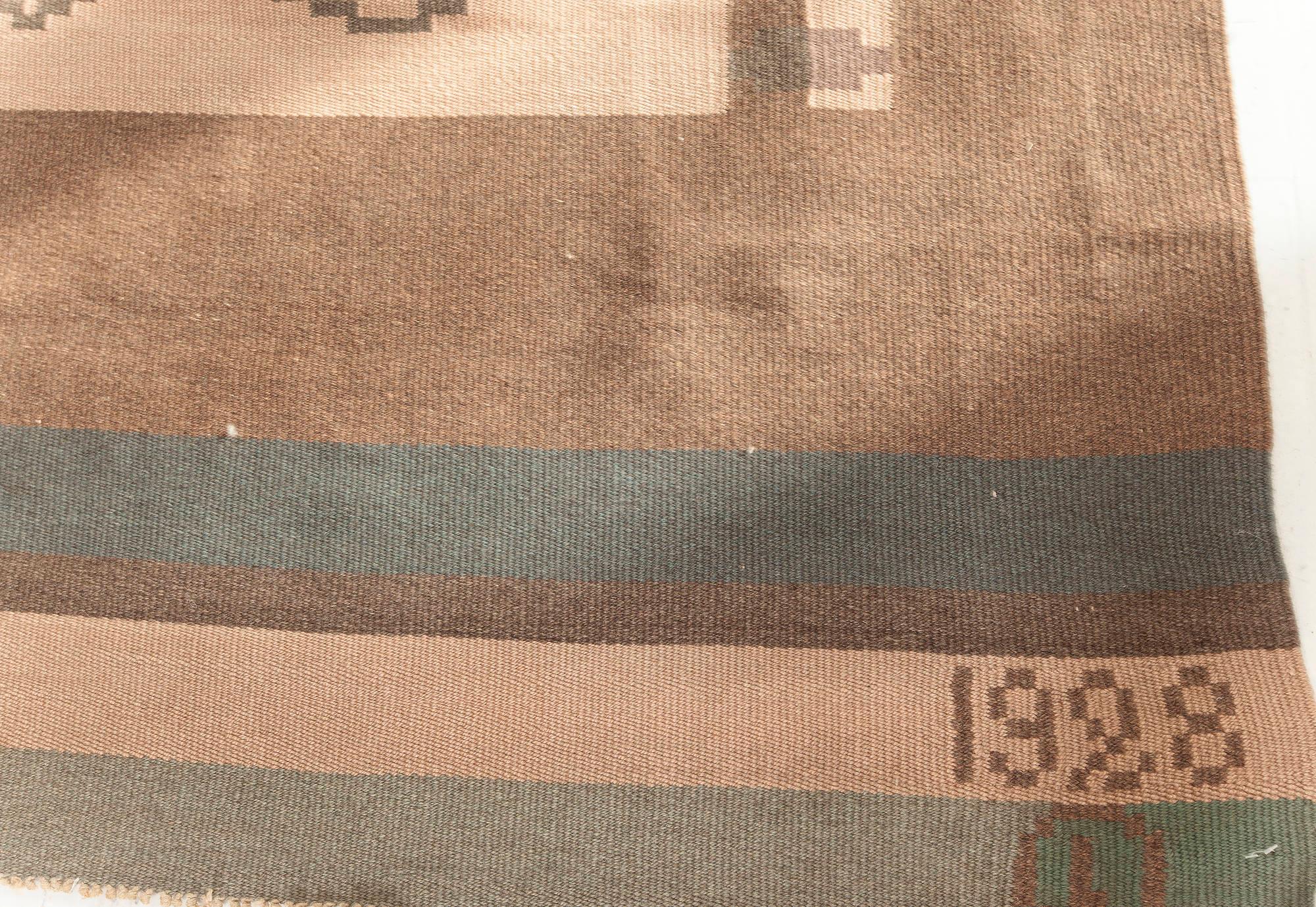 Hand-Woven Vintage Scandinavian Flat-Weave Wool Rug Woven Initials & Date to Edge 'Io 1928' For Sale