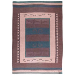 Vintage Scandinavian Flat-Weave Wool Rug Woven Initials & Date to Edge 'Io 1928'