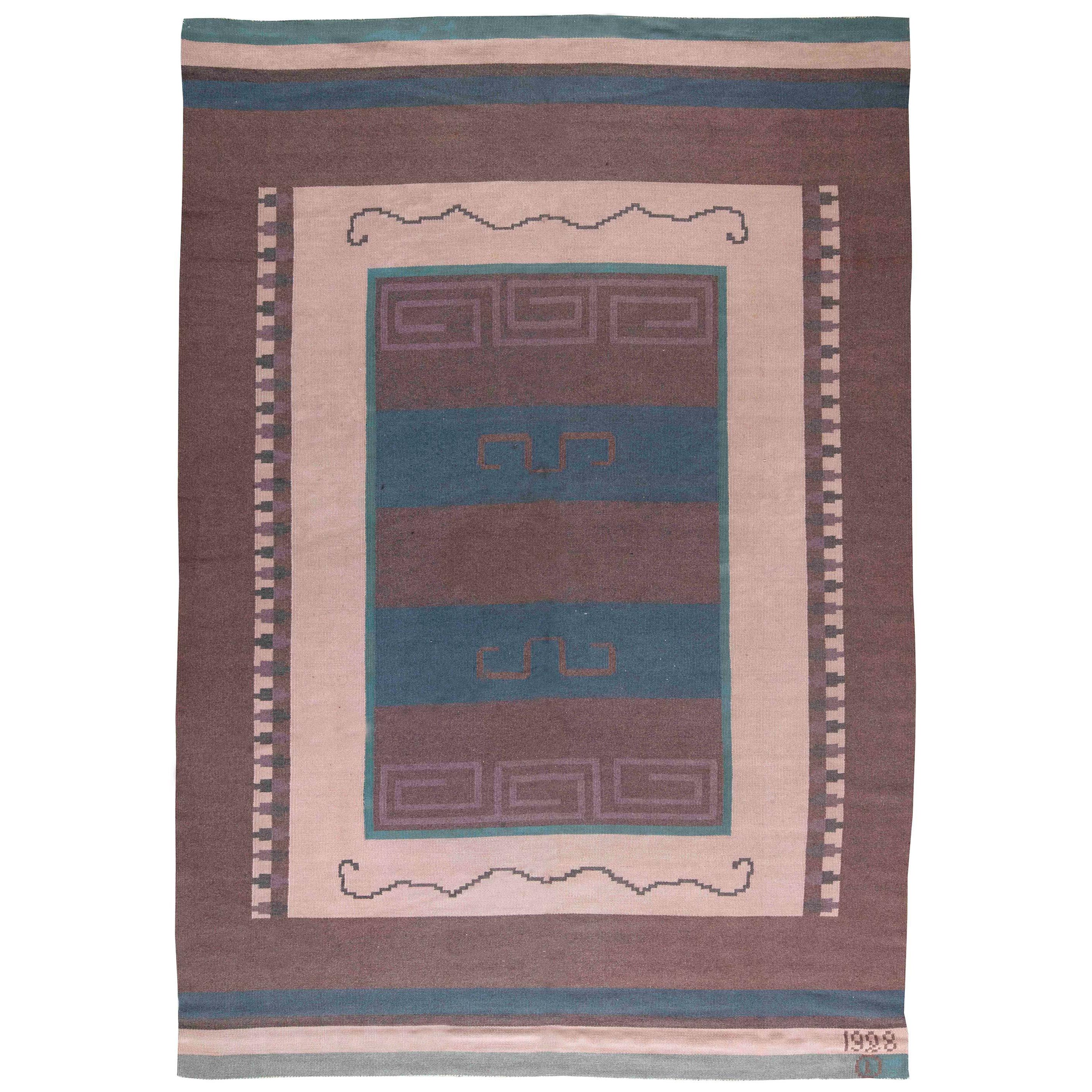 Vintage Scandinavian Flat-Weave Wool Rug Woven Initials & Date to Edge 'Io 1928' For Sale