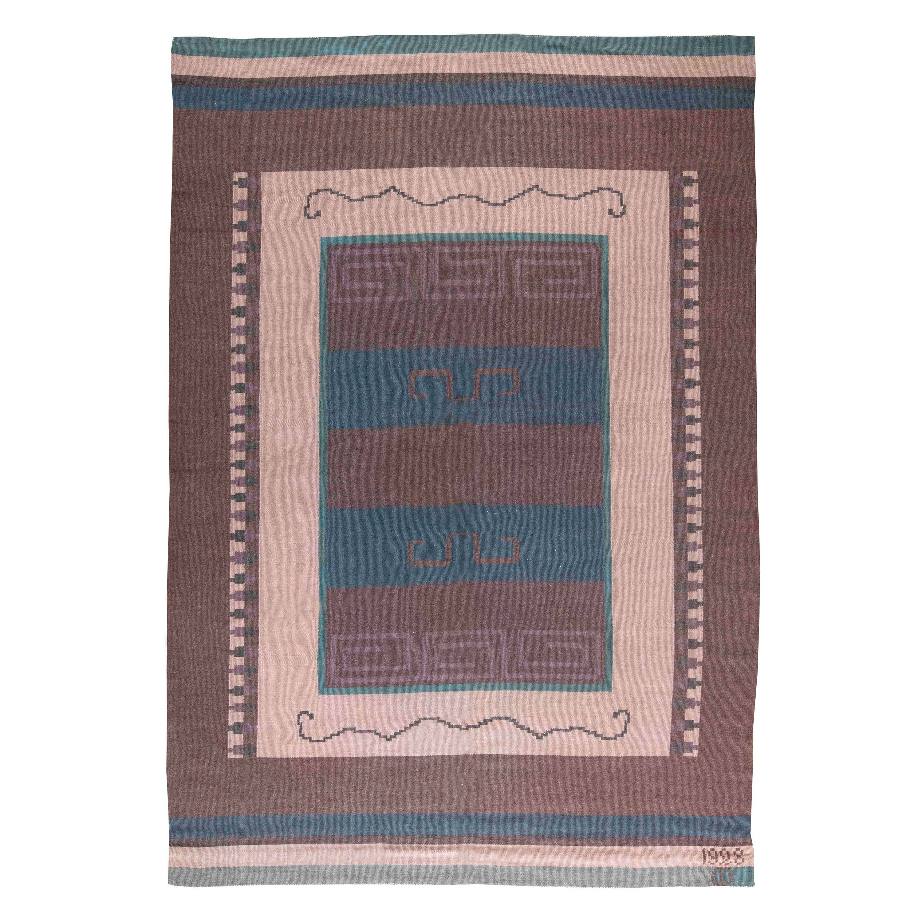 Vintage Scandinavian Flat-Weave Wool Rug Woven Initials & Date to Edge 'Io 1928' For Sale