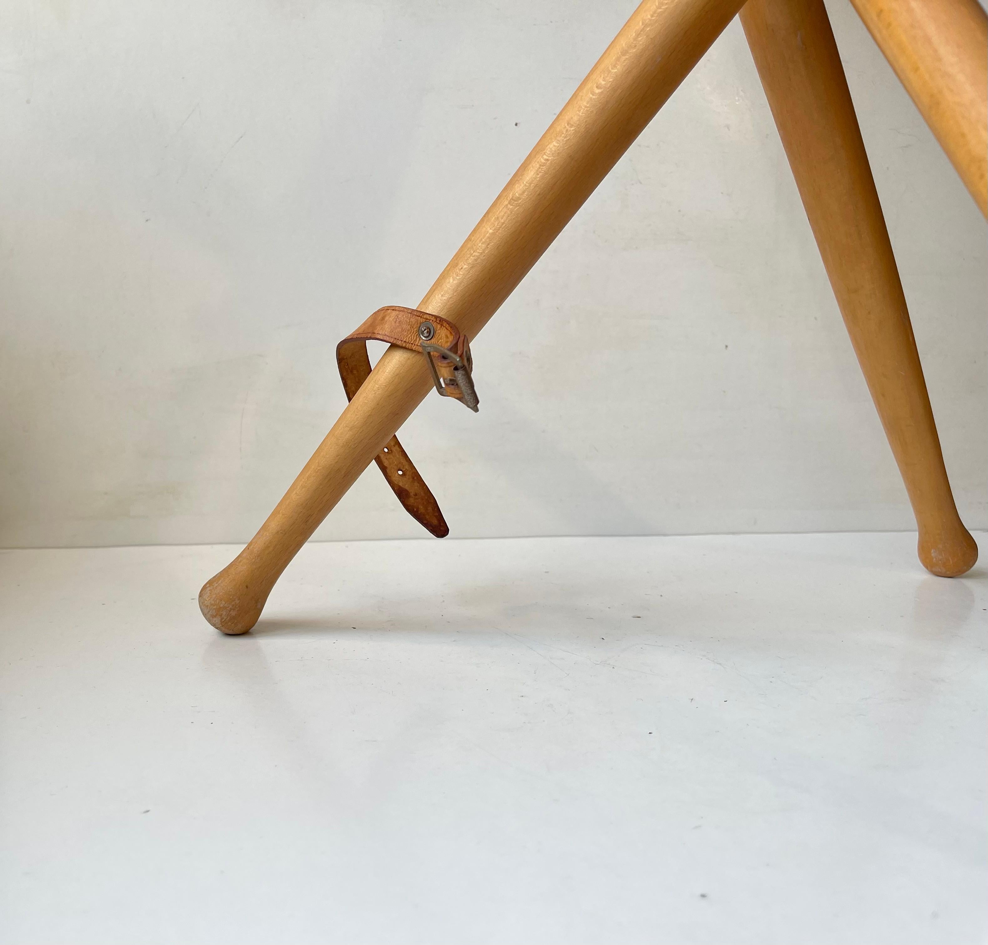 Vintage Scandinavian Folding Tripod Hunting Stool in Leather and Beech, 1970s 9