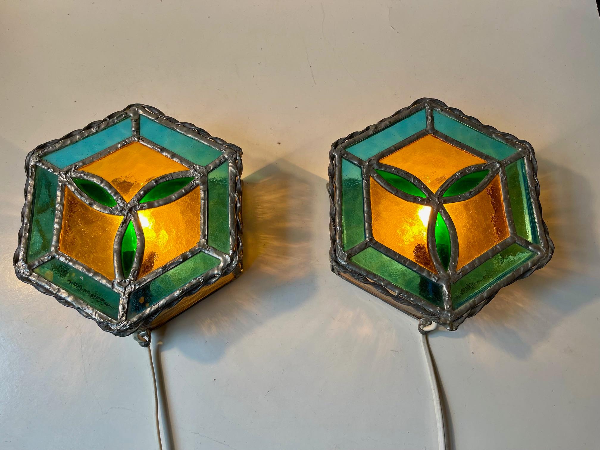 Vintage Scandinavian Gothic Style Stained Glass Wall Sconces For Sale 4