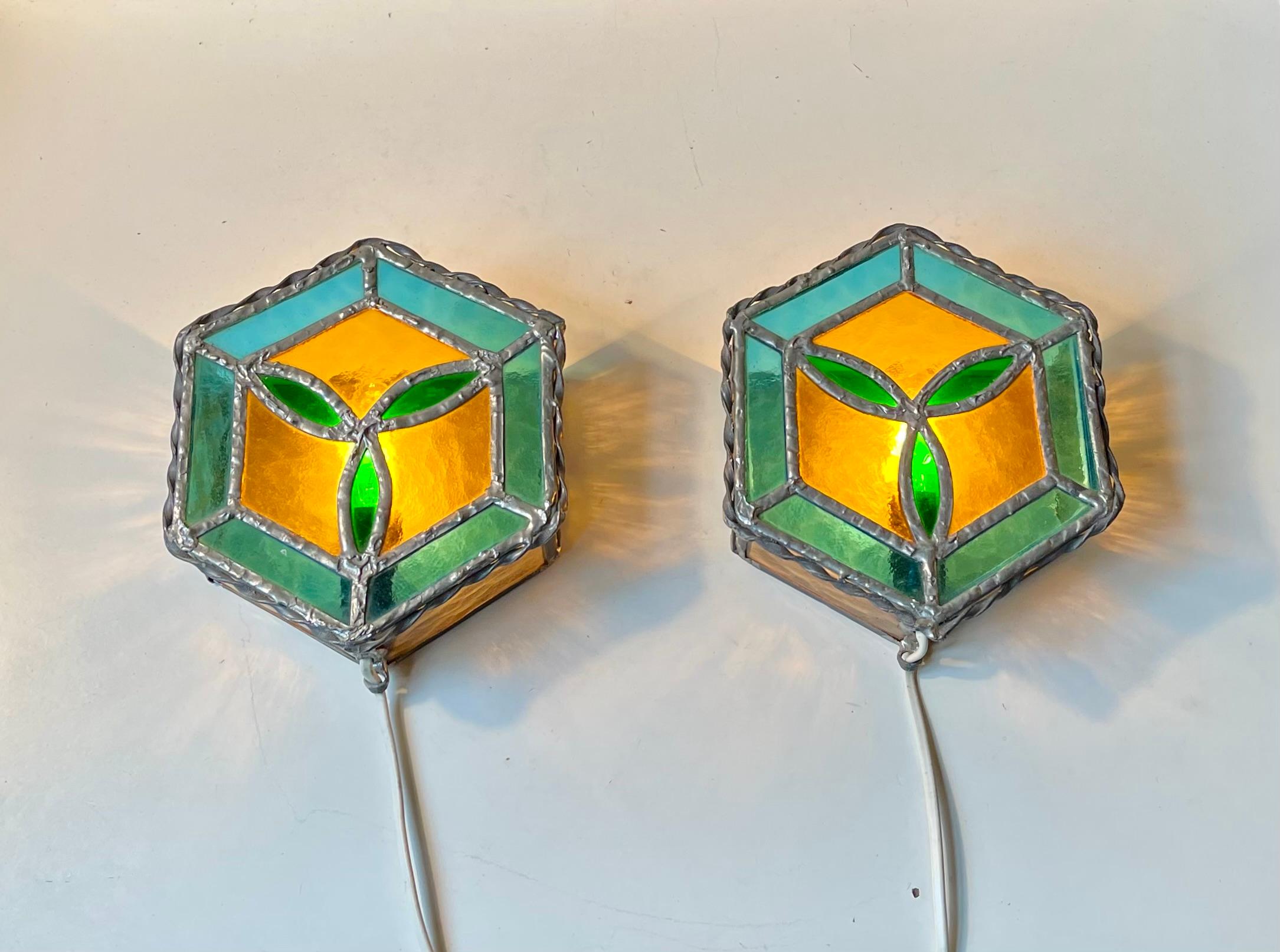 Gothic Revival Vintage Scandinavian Gothic Style Stained Glass Wall Sconces For Sale