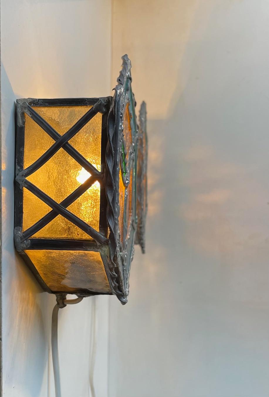 Hand-Crafted Vintage Scandinavian Gothic Style Stained Glass Wall Sconces For Sale