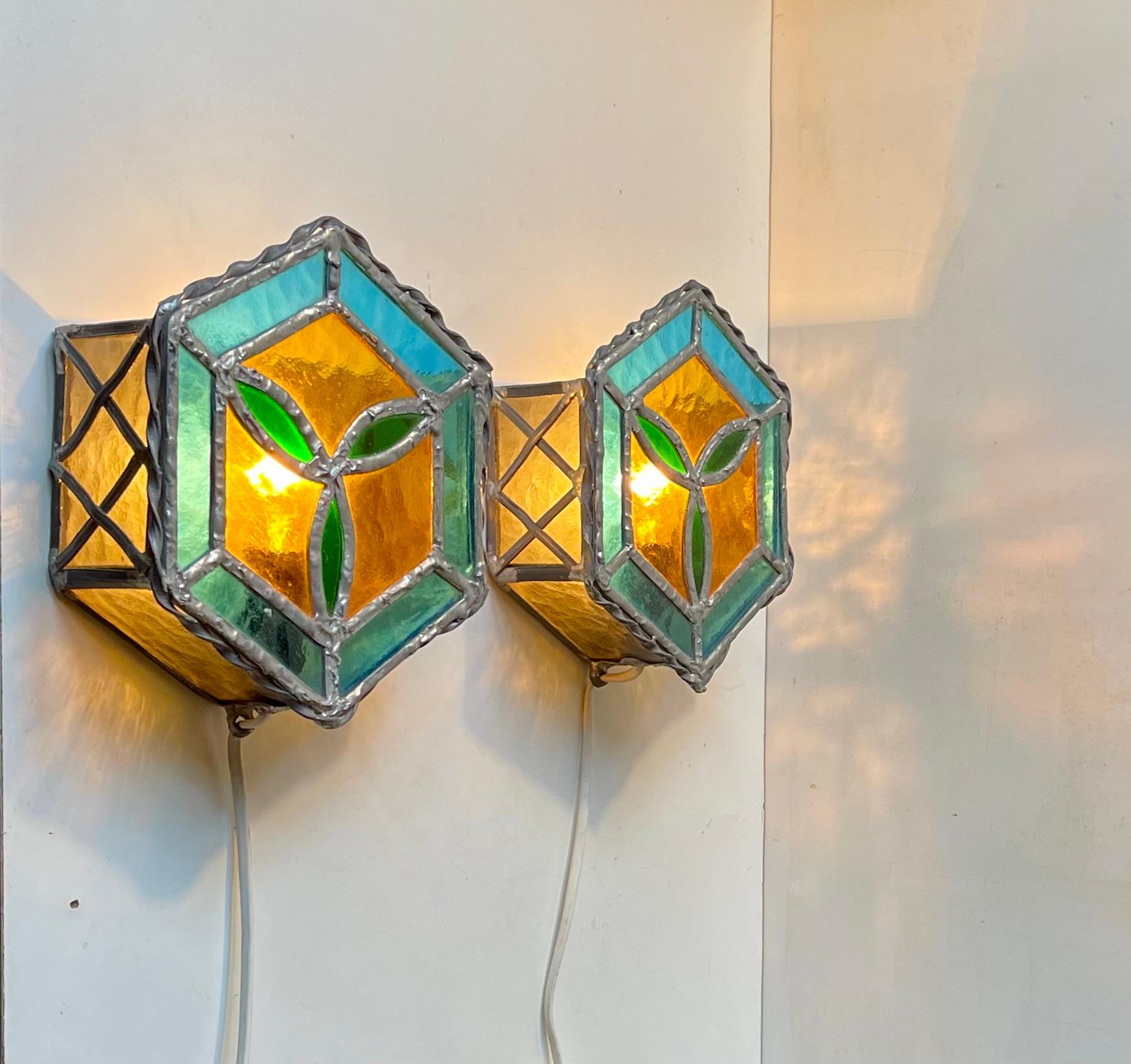 Late 20th Century Vintage Scandinavian Gothic Style Stained Glass Wall Sconces For Sale