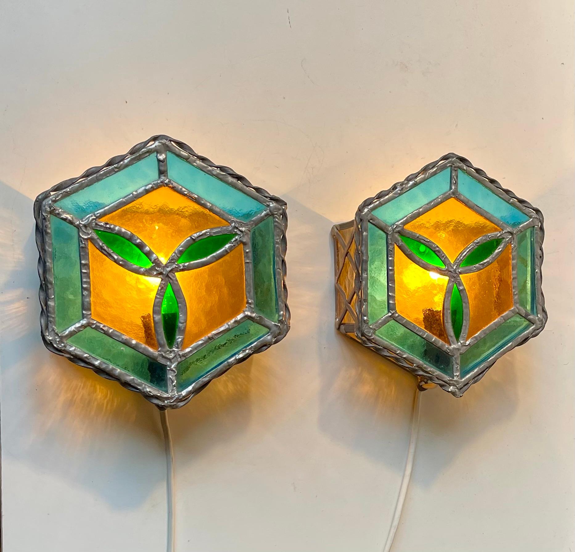 Vintage Scandinavian Gothic Style Stained Glass Wall Sconces For Sale 1