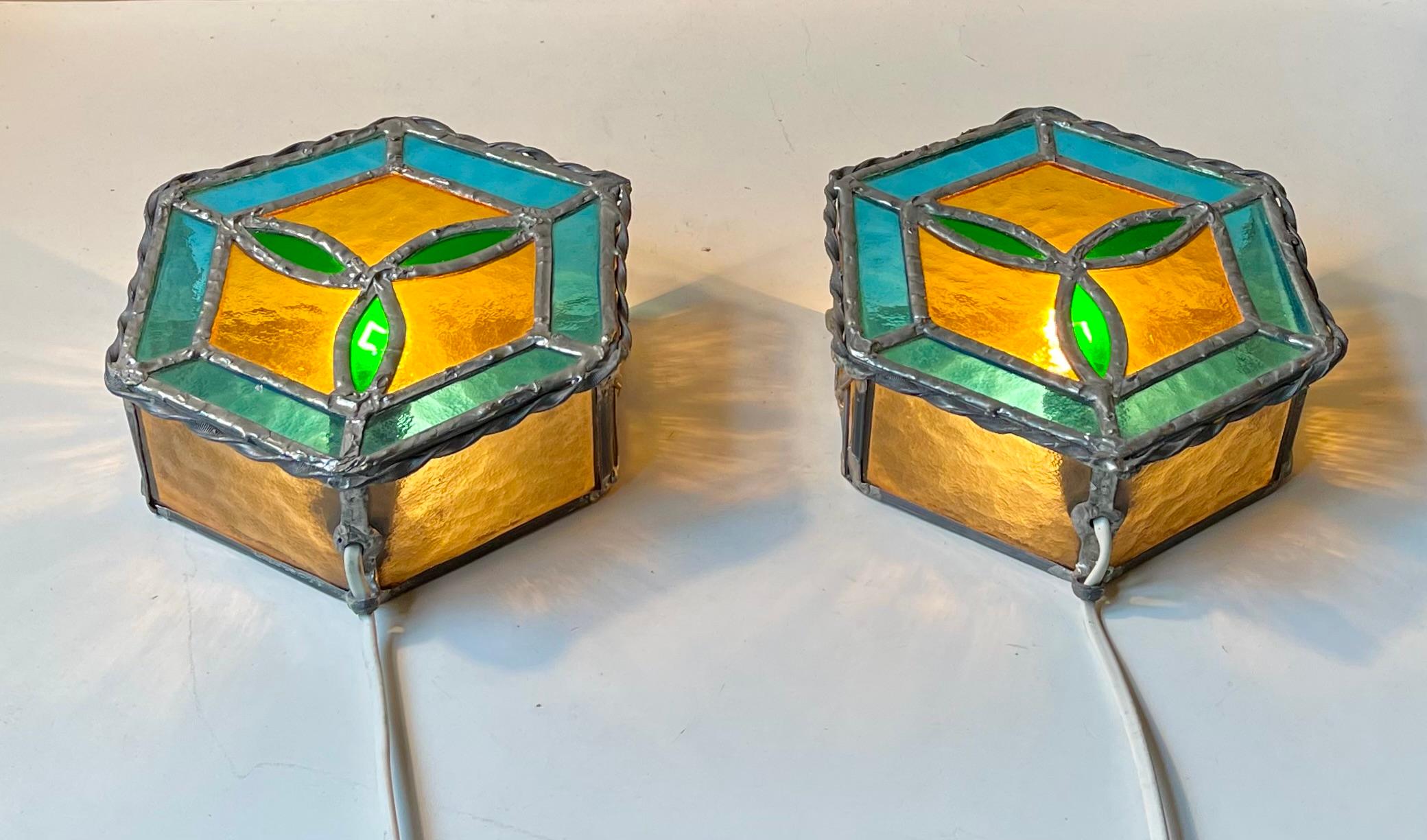Vintage Scandinavian Gothic Style Stained Glass Wall Sconces For Sale 2