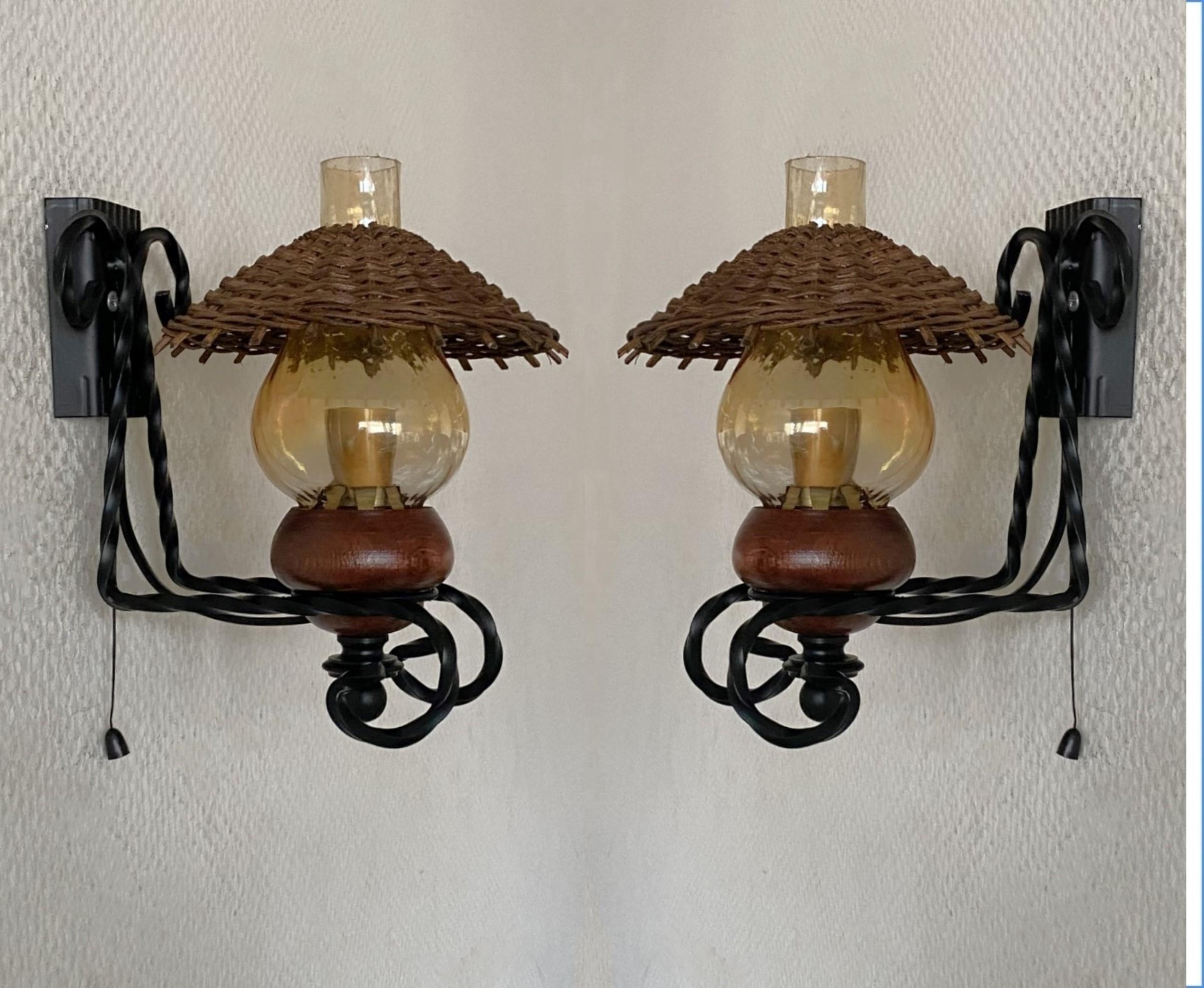 Mid-Century Modern Vintage Scandinavian Handcrafted Wrought Iron Rattan Glass Wall Sconces, 1960s