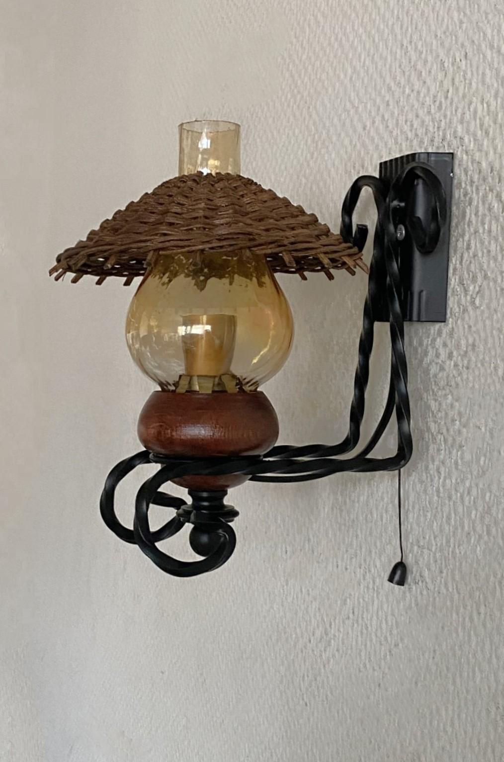 Danish Vintage Scandinavian Handcrafted Wrought Iron Rattan Glass Wall Sconces, 1960s