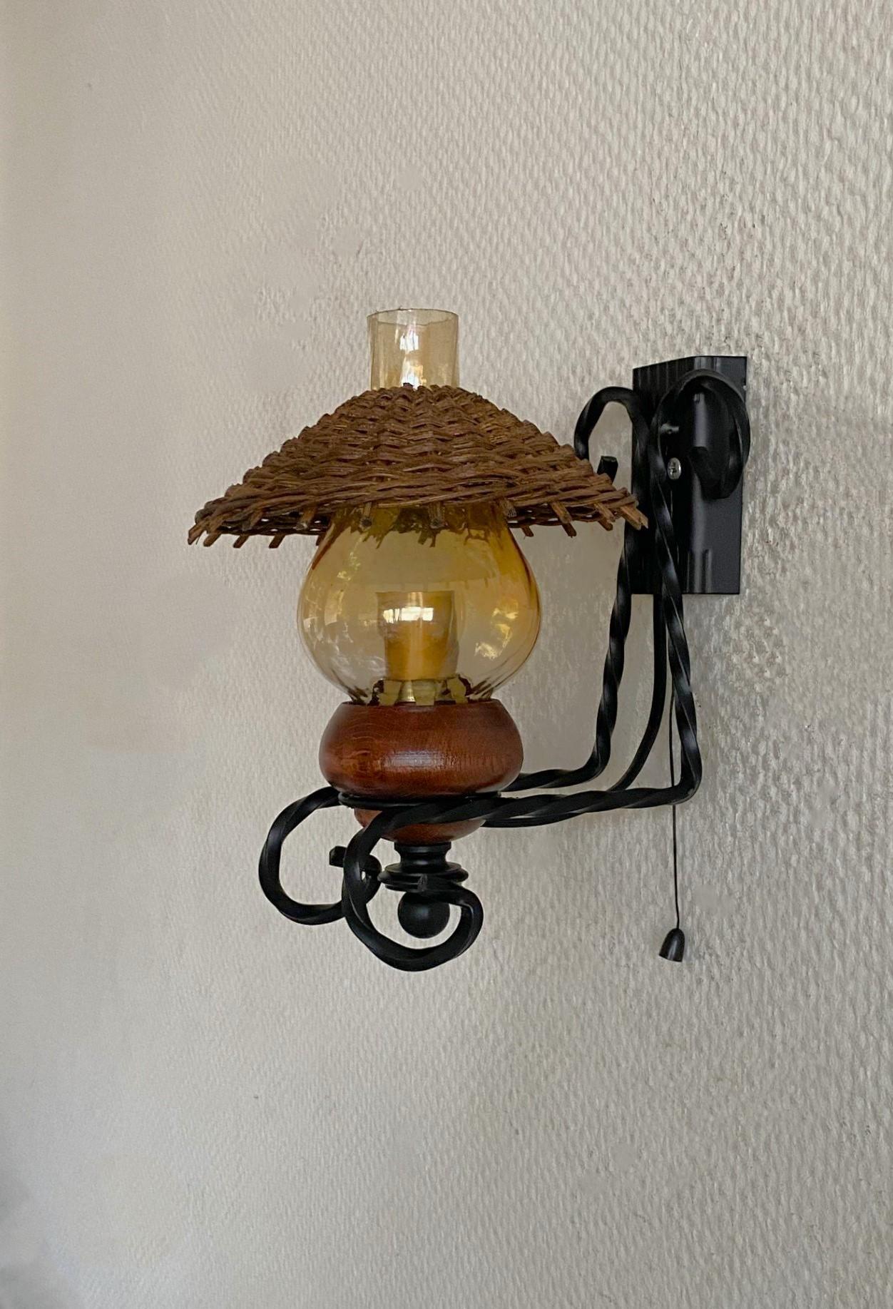 Vintage Scandinavian Handcrafted Wrought Iron Rattan Glass Wall Sconces, 1960s In Good Condition In Frankfurt am Main, DE