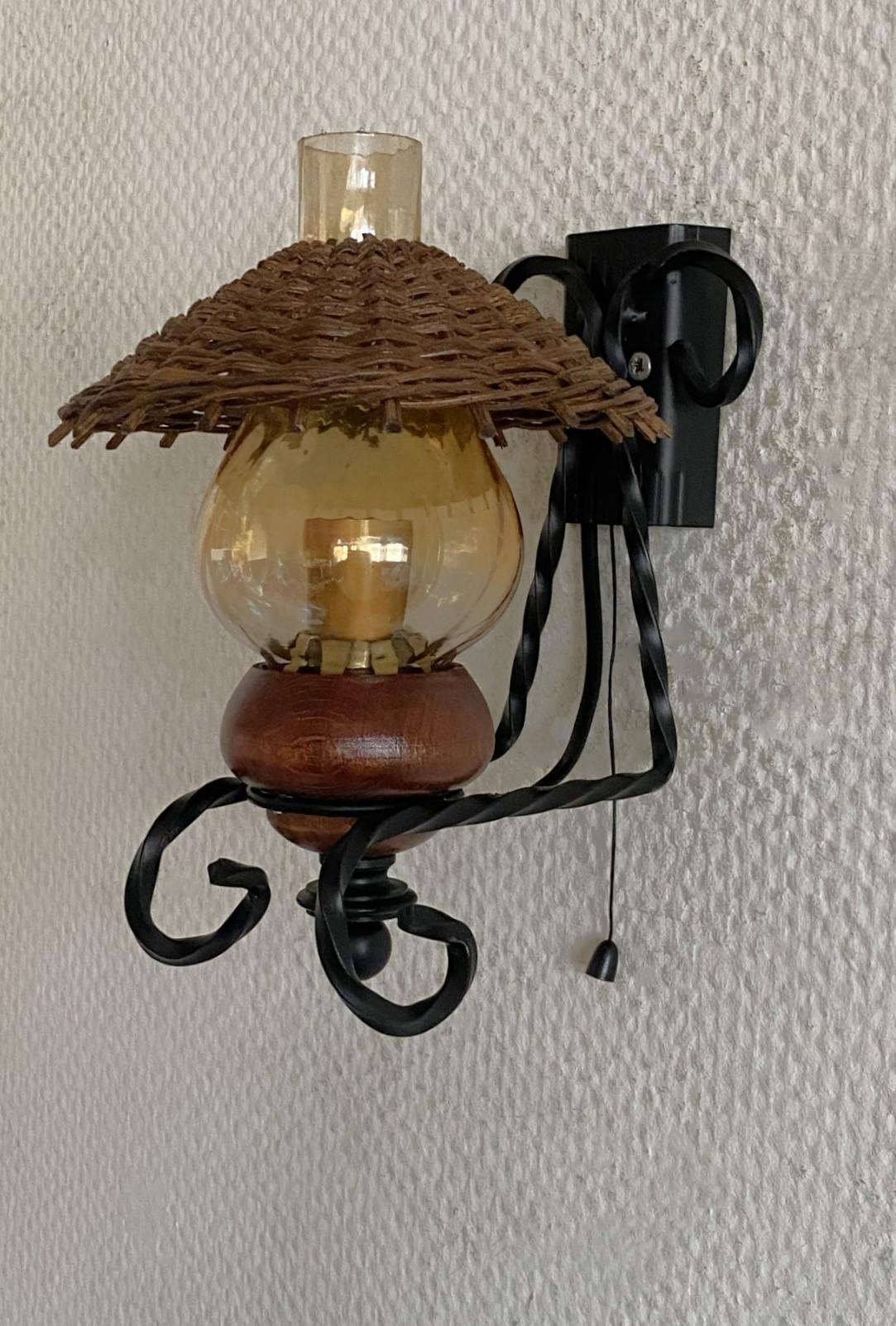 20th Century Vintage Scandinavian Handcrafted Wrought Iron Rattan Glass Wall Sconces, 1960s