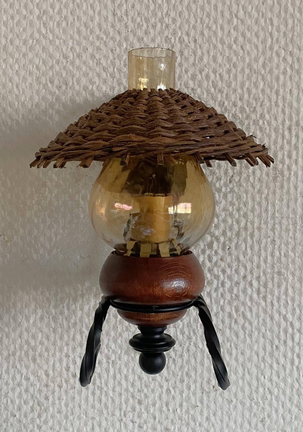 Vintage Scandinavian Handcrafted Wrought Iron Rattan Glass Wall Sconces, 1960s 1