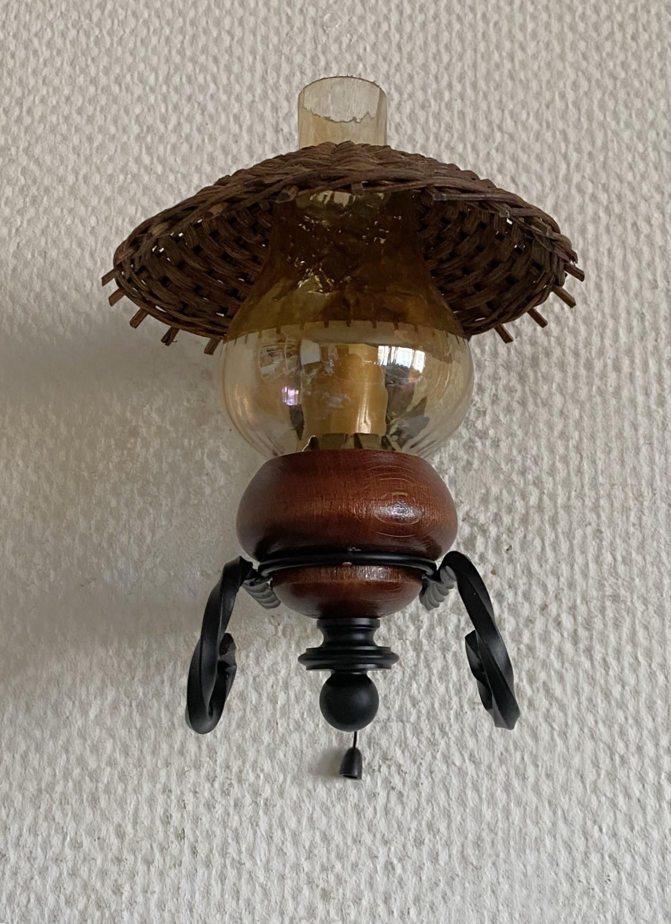 Vintage Scandinavian Handcrafted Wrought Iron Rattan Glass Wall Sconces, 1960s 2