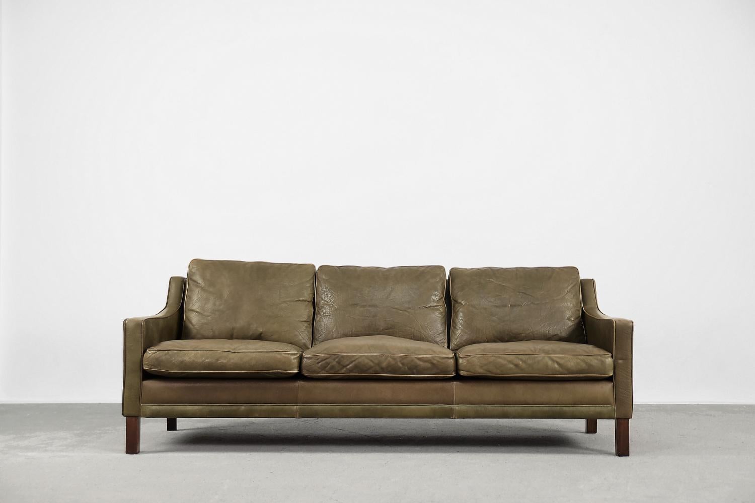 Wood Vintage Swedish Scandinavian Mid-century Modern Brown 3-seater Leather Sofa