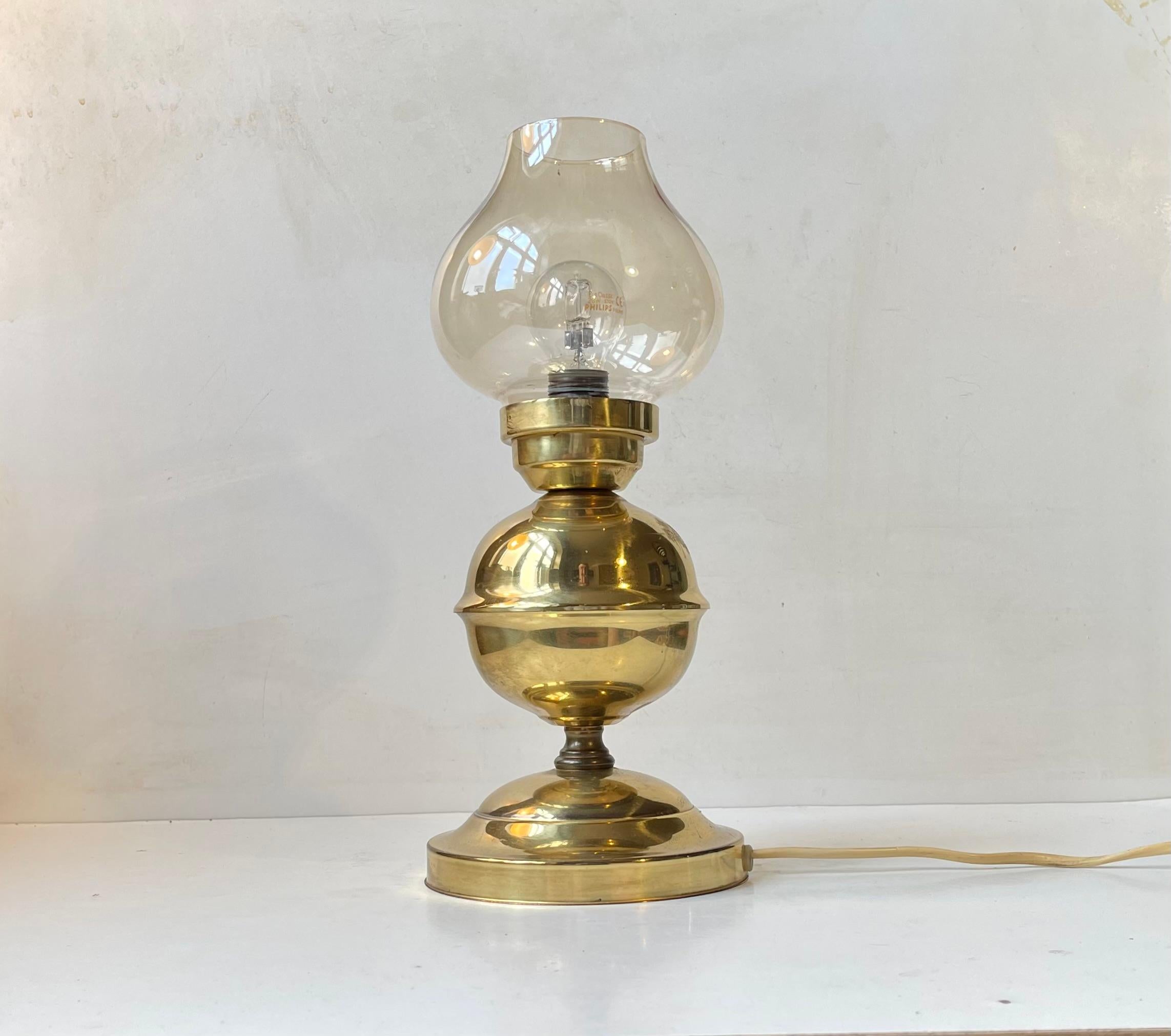 Vintage Scandinavian Maritime Table Lamp in Brass & Smoke Glass In Good Condition For Sale In Esbjerg, DK