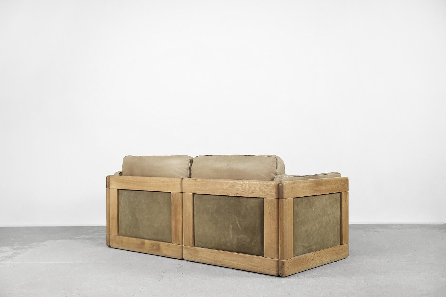 Vintage Scandinavian Mid-Century Modern Leather and Oak  2- Seater Sofa, 1970s 1