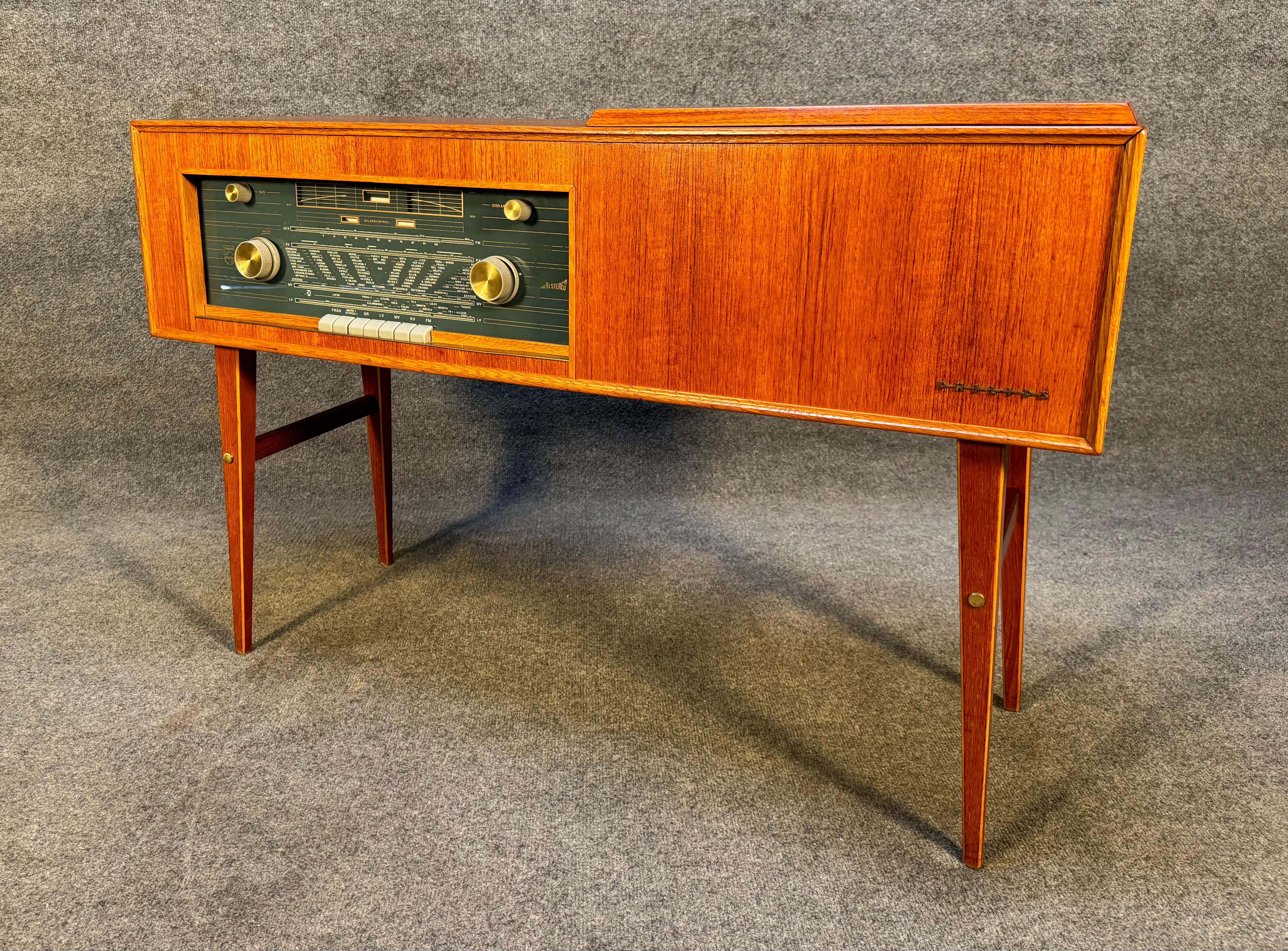 Woodwork Vintage Scandinavian Mid Century Teak Stereo Console by Phillips For Sale