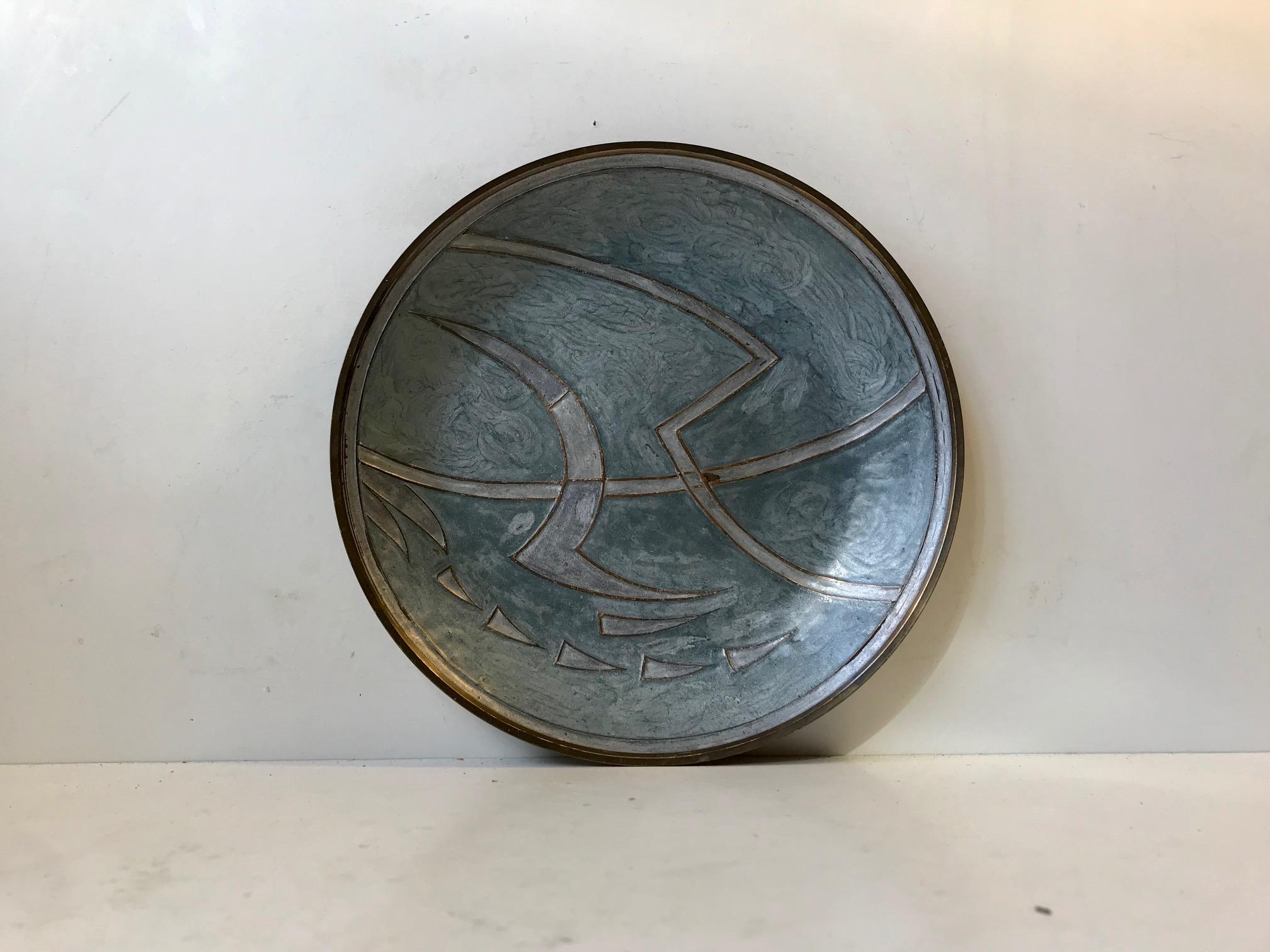 Vintage Scandinavian Modern Abstract Enameled Brass Charger, 1950s 4