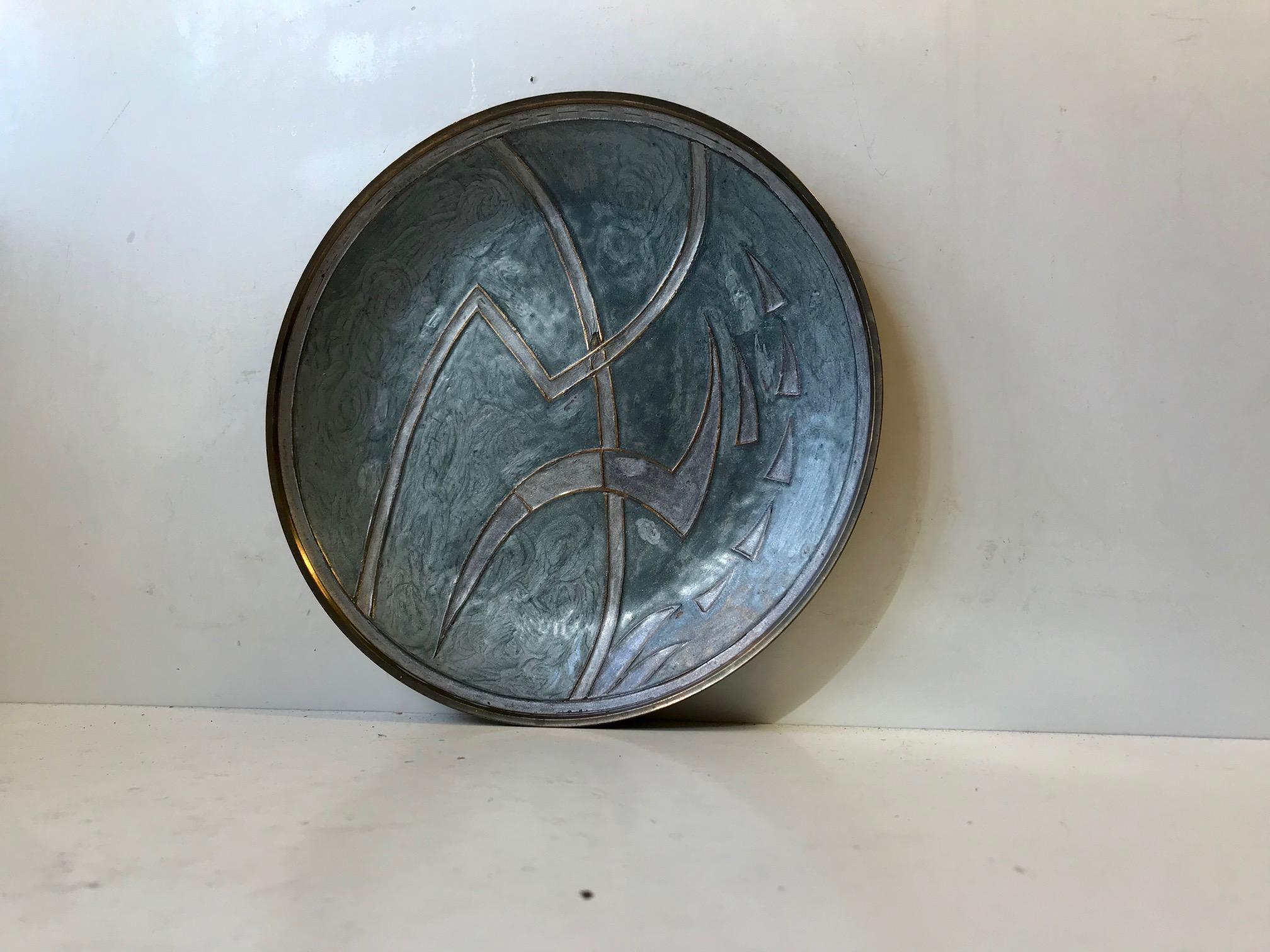 Vintage Scandinavian Modern Abstract Enameled Brass Charger, 1950s 5