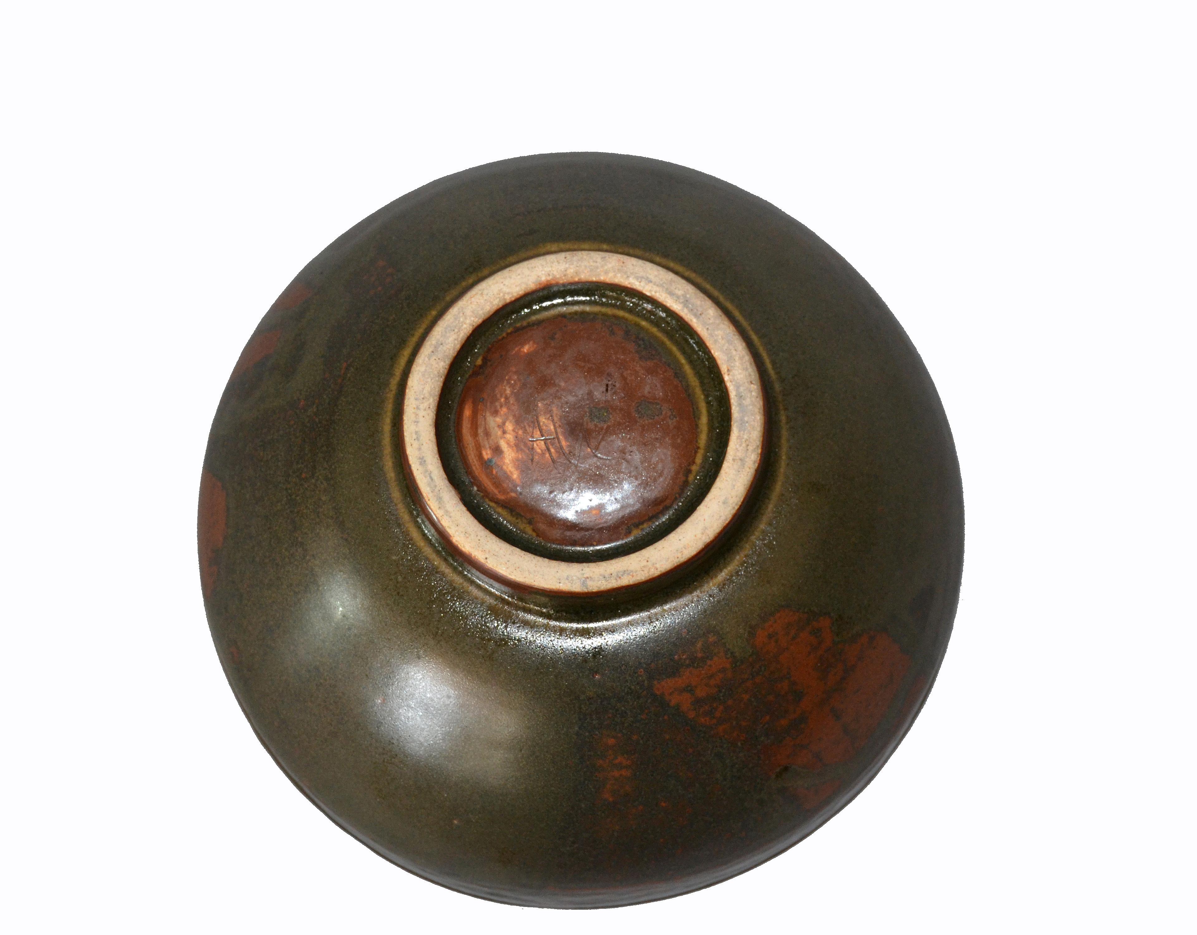 Vintage Scandinavian Modern Art Pottery Ceramic Decorative Bowl Brown and Bronze 1