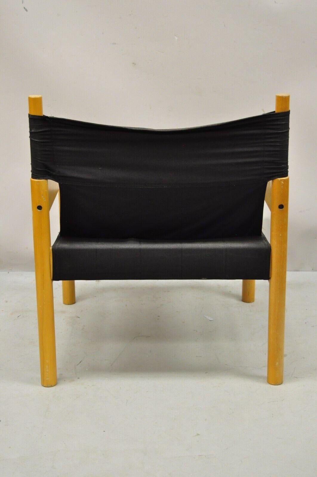 Vintage Scandinavian Modern Birch Wood Lounge Chair with Black Canvas Seat For Sale 5