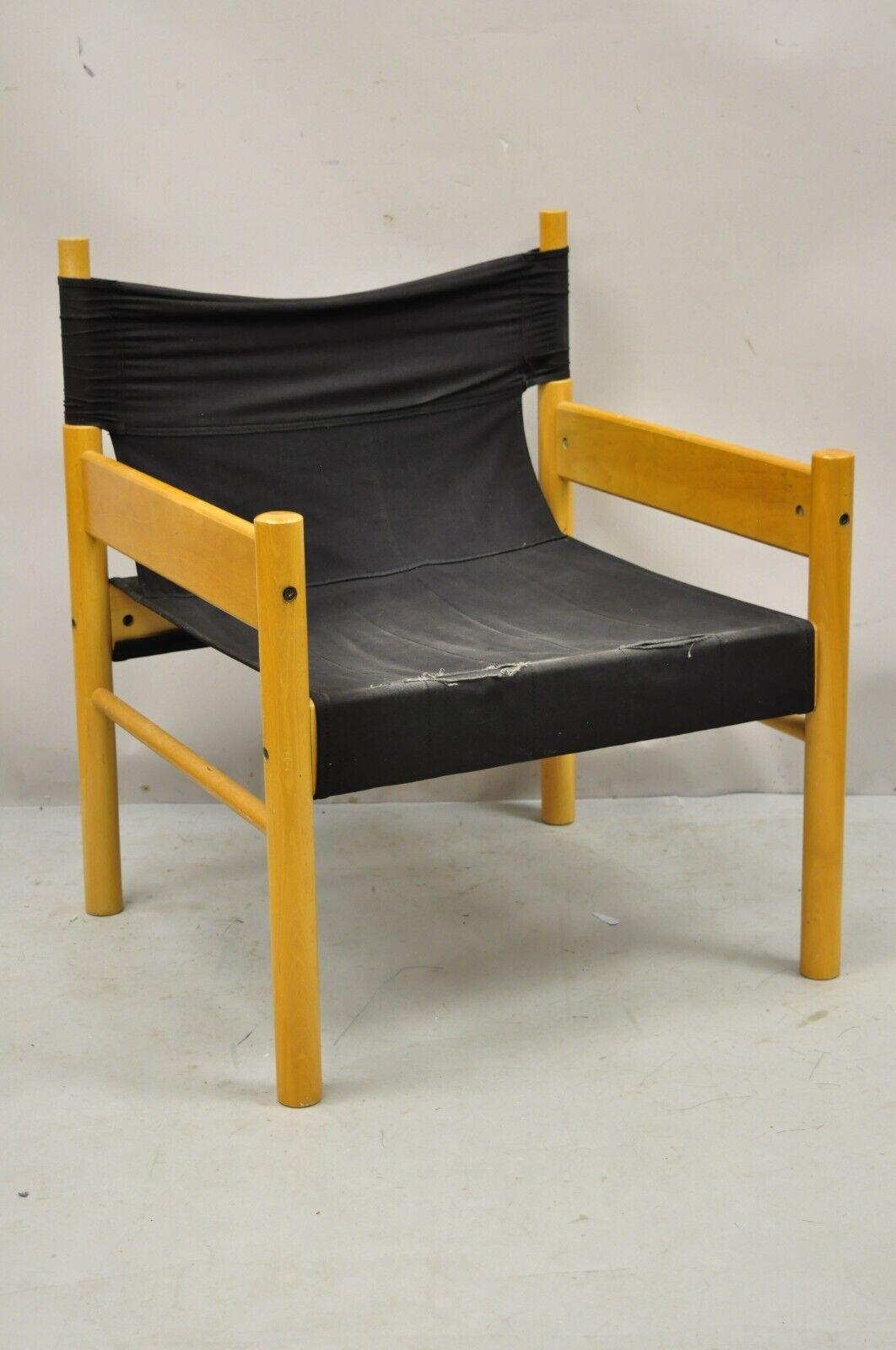 Vintage Scandinavian Modern Birch Wood Lounge Chair with Black Canvas Seat For Sale 6