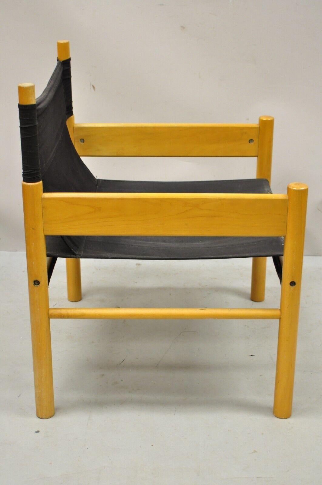 Mid-Century Modern Vintage Scandinavian Modern Birch Wood Lounge Chair with Black Canvas Seat For Sale