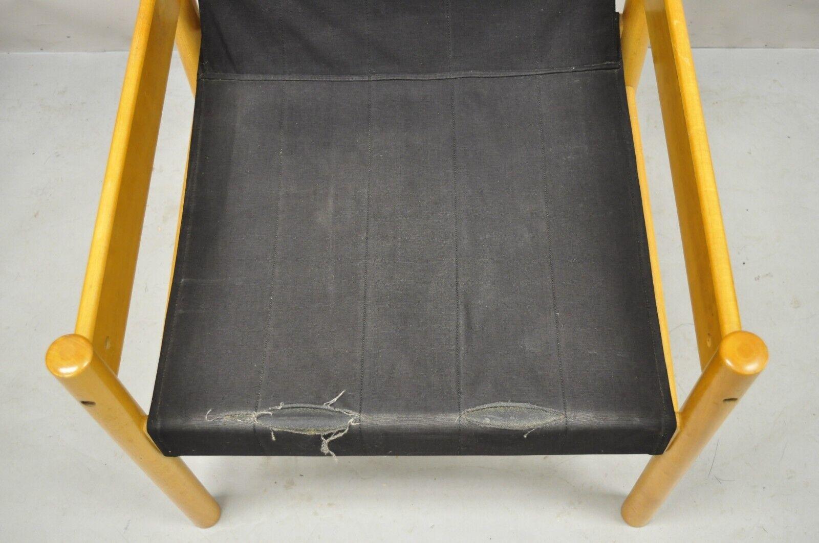 20th Century Vintage Scandinavian Modern Birch Wood Lounge Chair with Black Canvas Seat For Sale